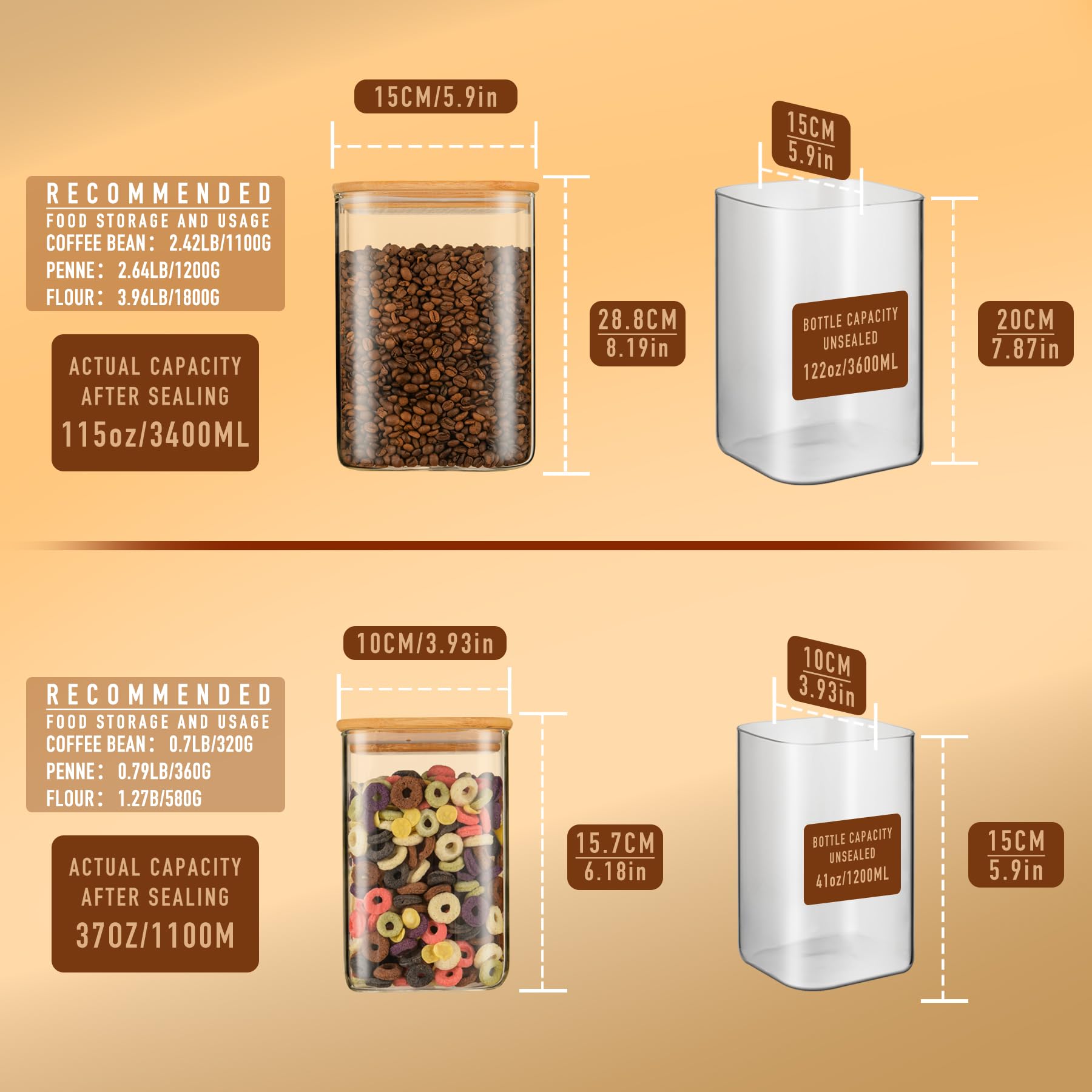 D2scrma Quadratische Vorratsdosen aus Glas mit Bambusdeckel, luftdicht, 3600 ml x 1 1200 ml, große Vorratsdose, für Zucker, Mehl und Kaffeebohnen (mit schwarzem Etikett)