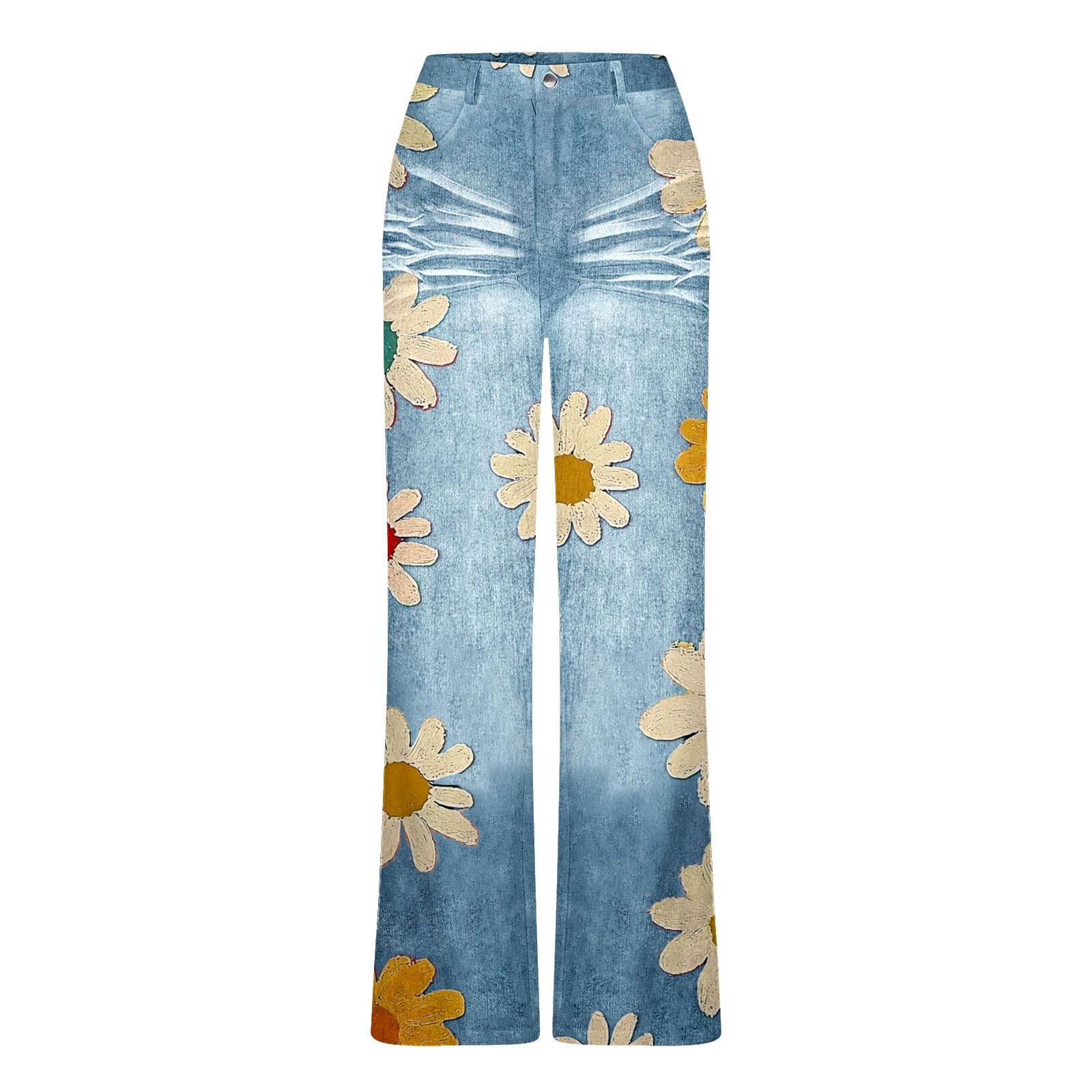 Pantalon Évasé Femme Imprimé Marguerite Bouton Fermeture Éclair Poches