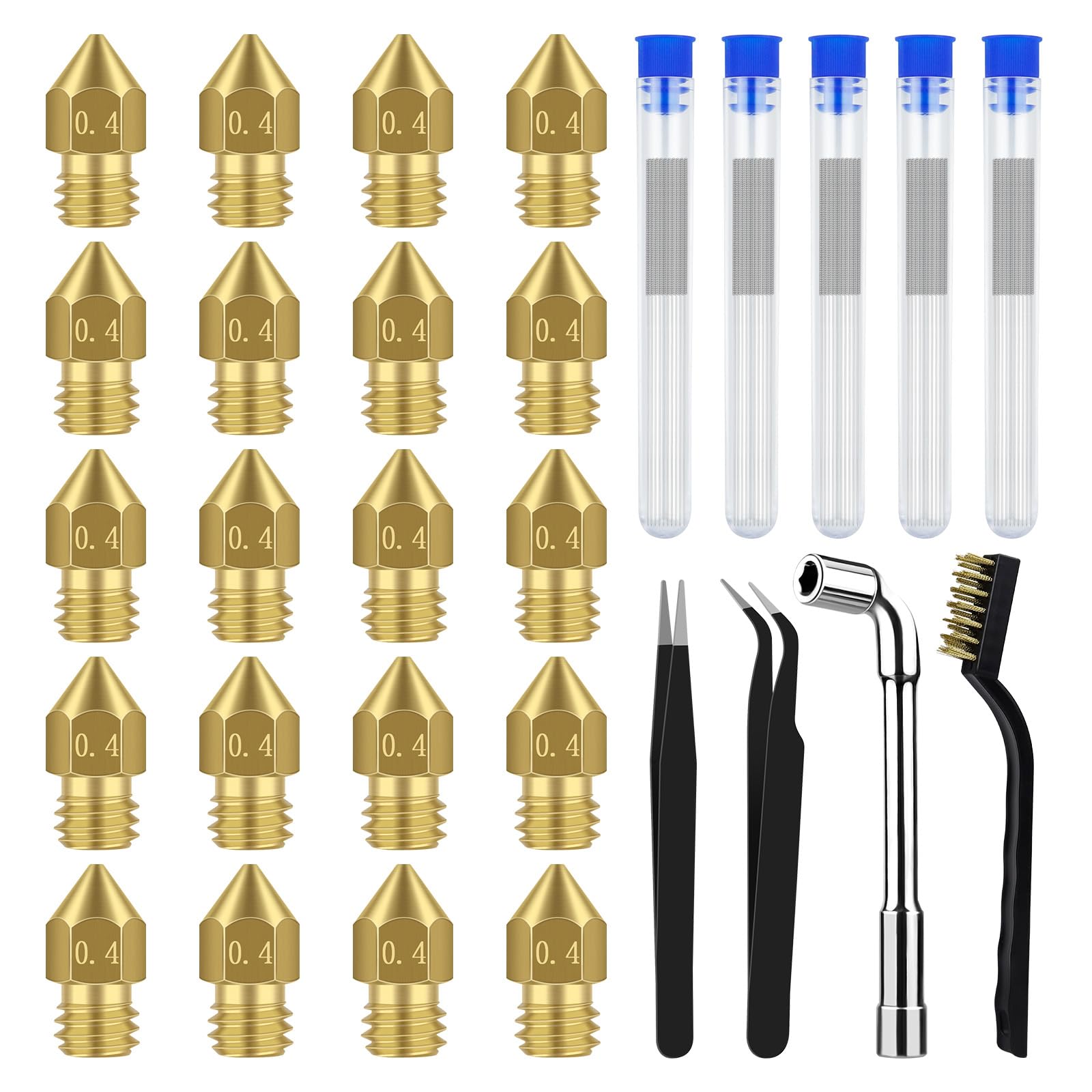 20 PCS MK8 Ender 3 V2 Nozzles 0.4MM, 3D Printer Extruders Brass Nozzles, 3D Printer Nozzle Cleaning Kit - 54 PCS Stainless Steel Needles Cleaner Tools