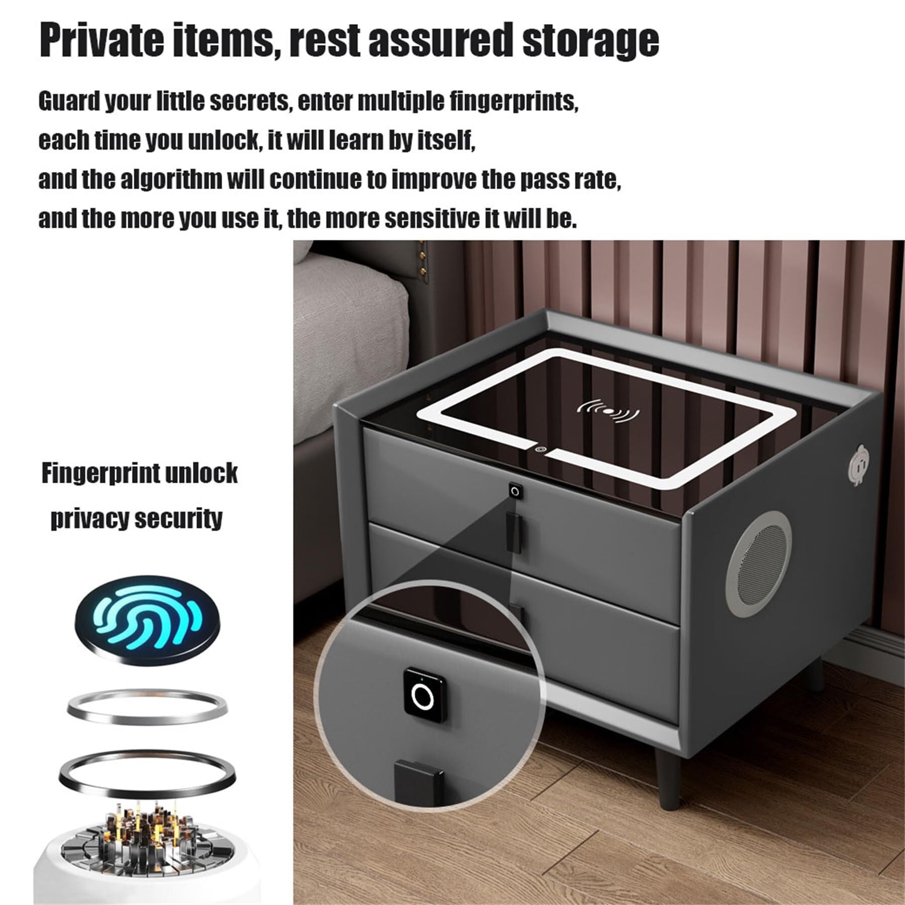 Smart Nightnd z blokadą Finrprint Listwa świetlna LED Głośniki Bluetooth i ładowanie t - Cact Stolik nocny dla Smals 2/3 Ders Nowoczesny design