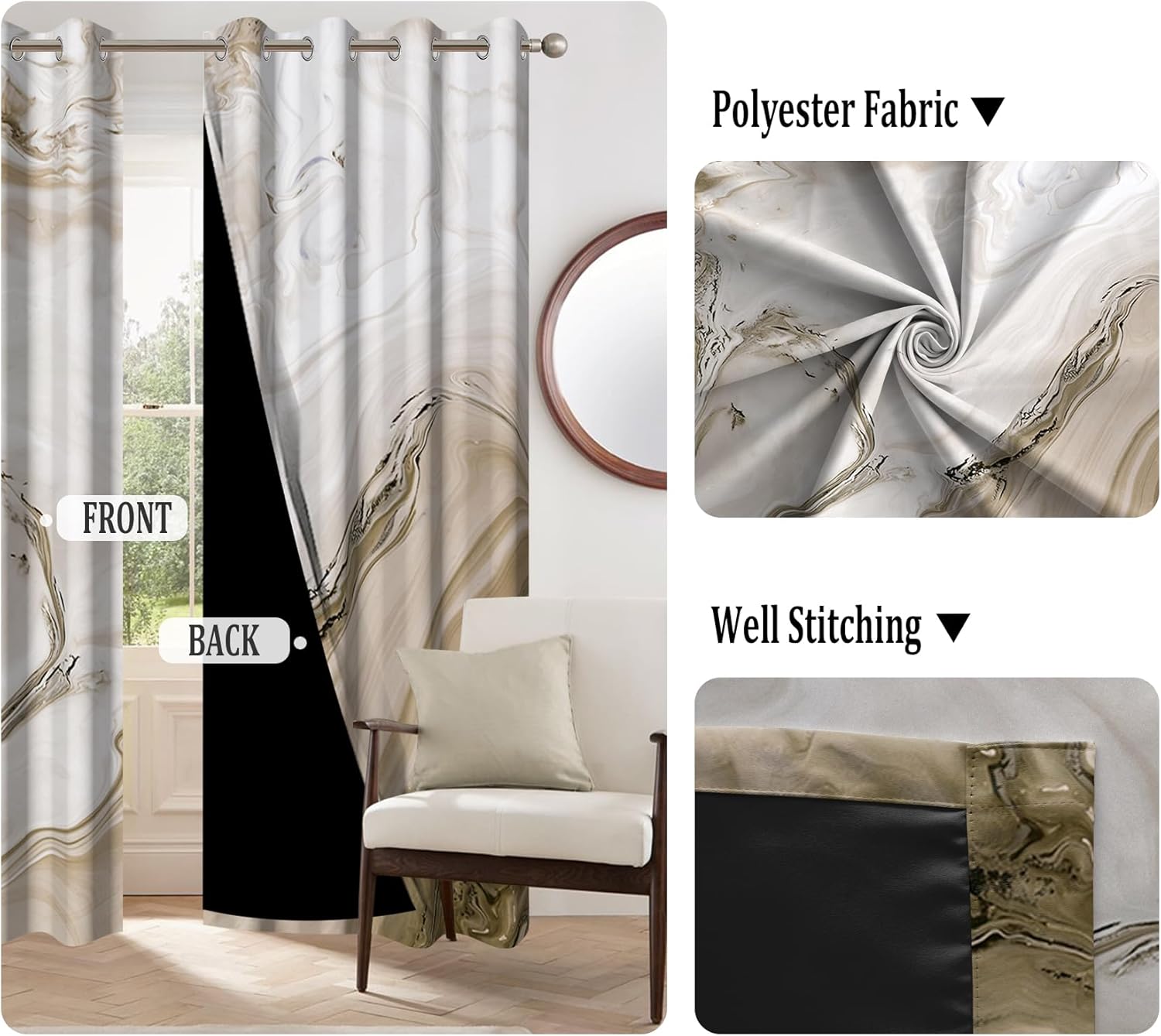 Renaiss Brown Marble Blackout Curtains for Bedroom Abstract Fluid Texture Printed Window Curtain Modern Luxury Crack Art Thermal Insulated Drapes for Living Room Decor 2 Panels Set, 26x63 Inch