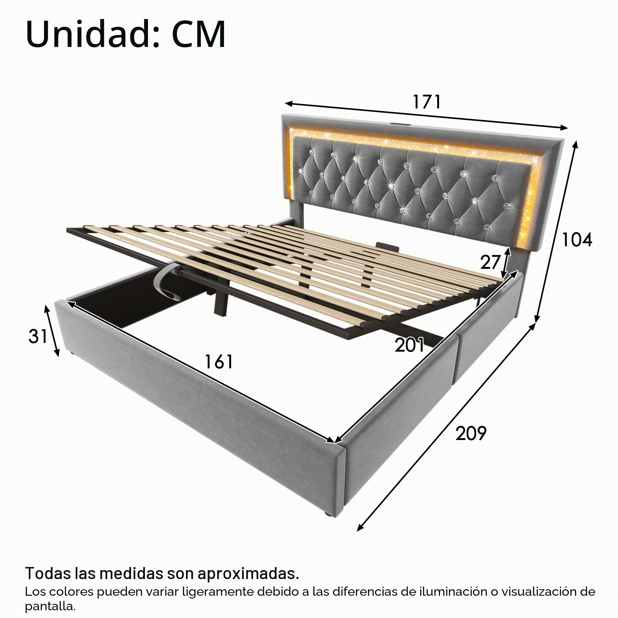 Cama Tapizada Matrimonio 160x200 con LED Cabecero y USB, Gris