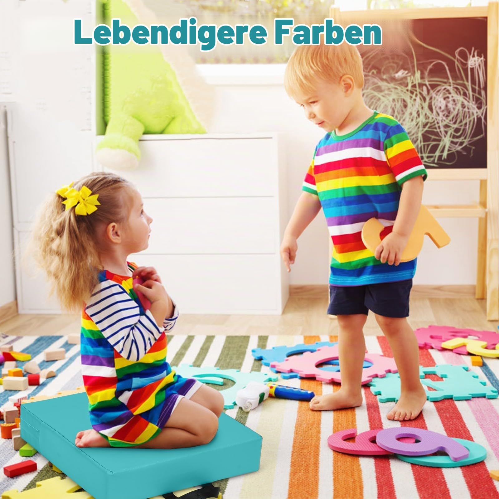 LIFEZEAL 6er Set Kinder Stuhlkissen, 6 Farbige Sitzkissen mit Griff, Stapelbare Bodenkissen aus Schaumstoff, Kinder Ruhekissen Rund/Rechteckig, für Kinderzimmer (Rechteckig1)
