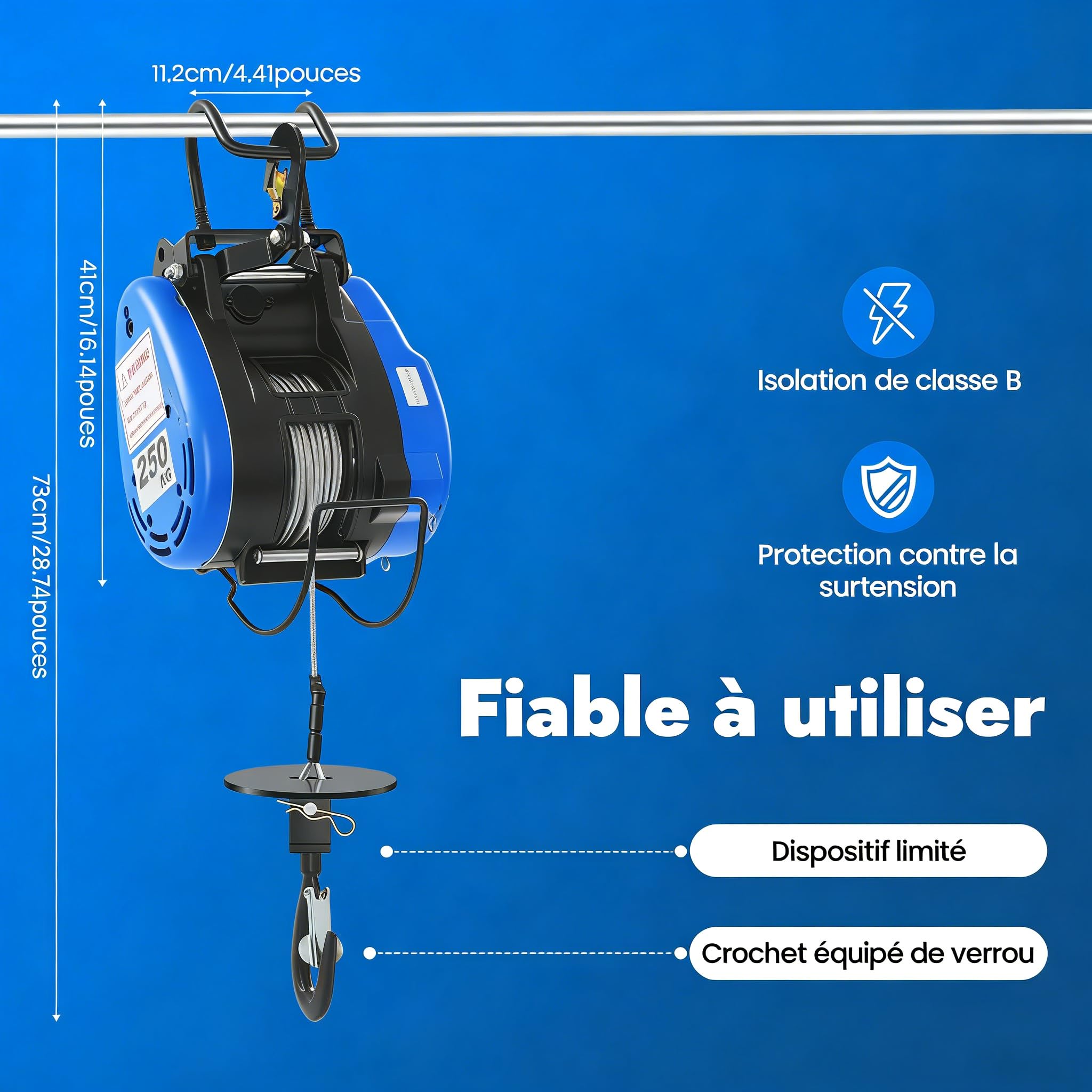 Palan Électrique Mobile Treuil électrique 220V 250kg 19m/min Télécommande sans Fil (100m) avec Pile Poignée de commande à câble 1500W 29m- hauteur de levage 30m-câble métallique limiteur