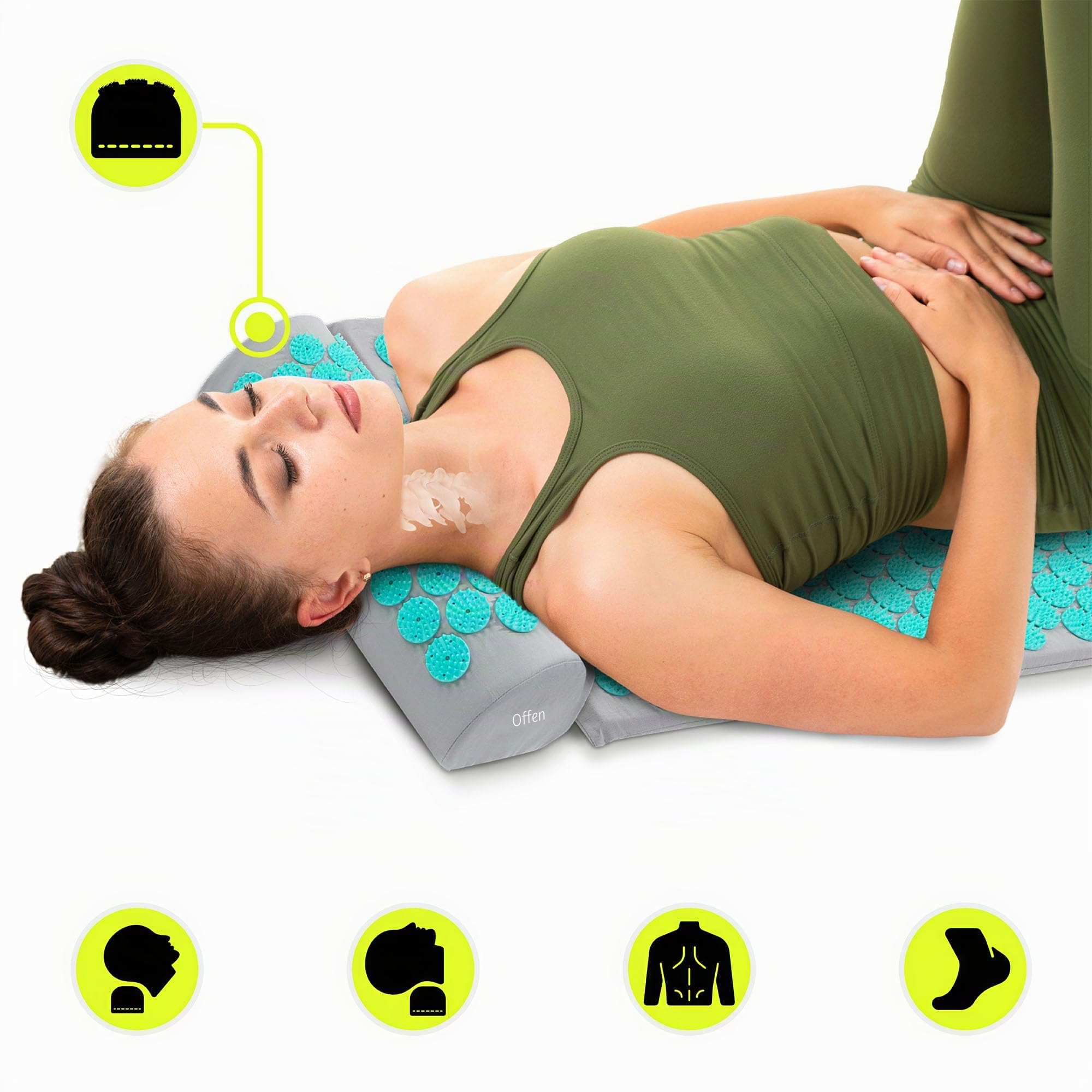 HyperMotion Akupressurmatte mit Kissen Eco - Akupunktur Matte - Massagematte Ganzkörpermassage, Akupressurmatte Set für Entspannung, Kokosfaser und Buchweizen, Grau-Mint, 72 x 42 x 2 cm