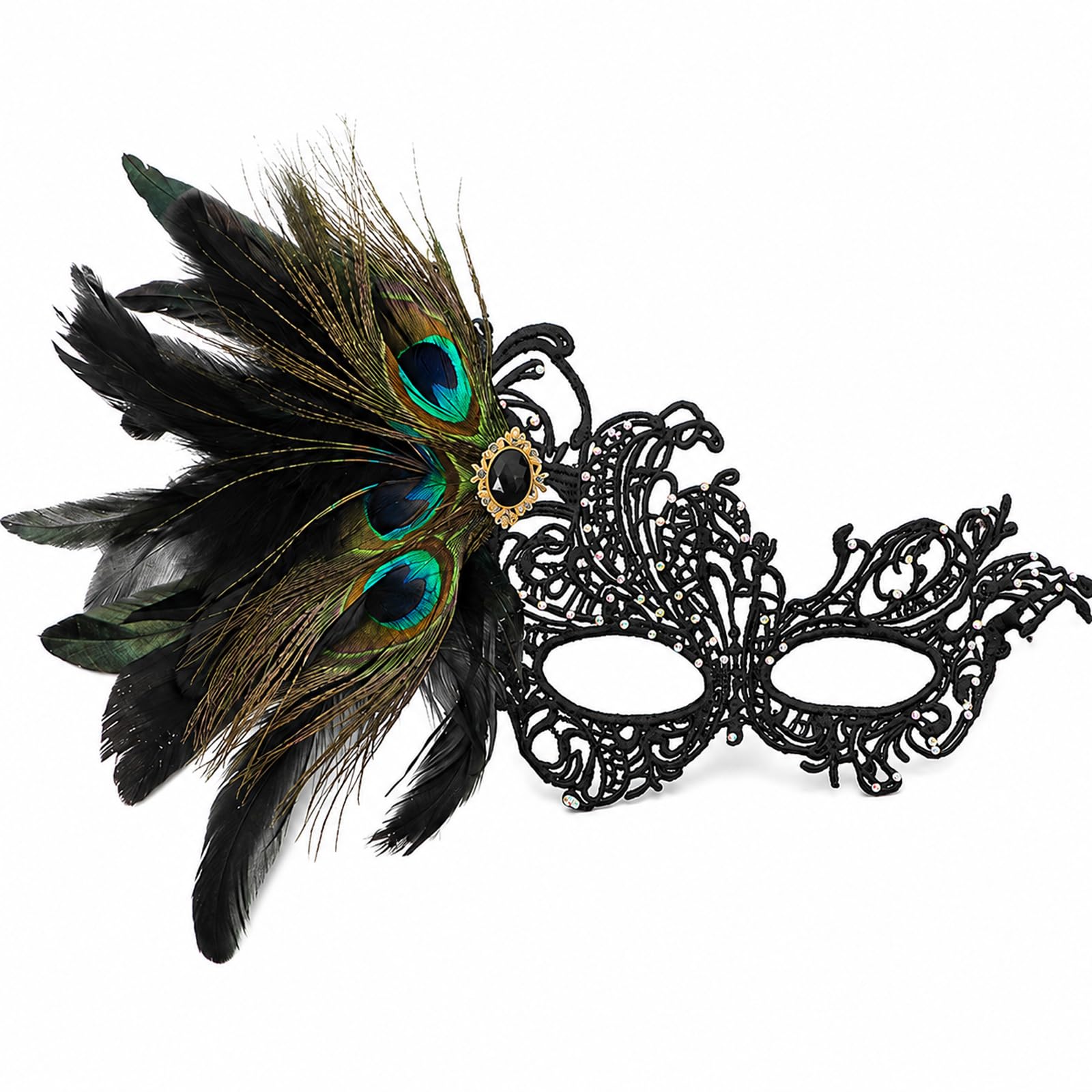 Women's Black Lace Rhinestone Feather Venetian Masquerade Half Mask