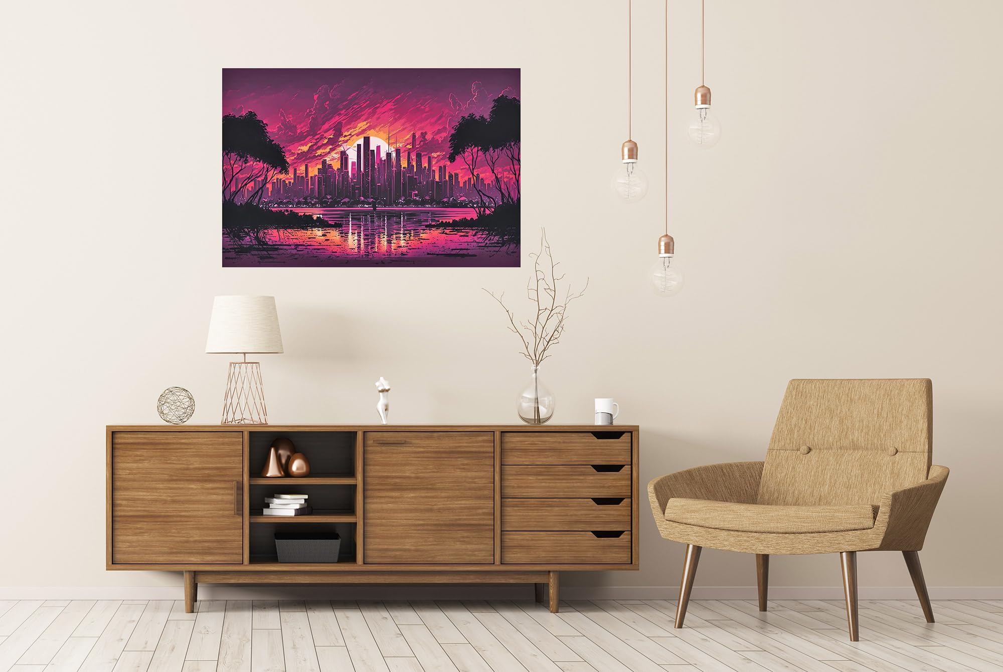 islandburner Prime, poster panoramico della città in stile cyberpunk, con enormi grattacieli, colori neon retrò, immagini di alta qualità