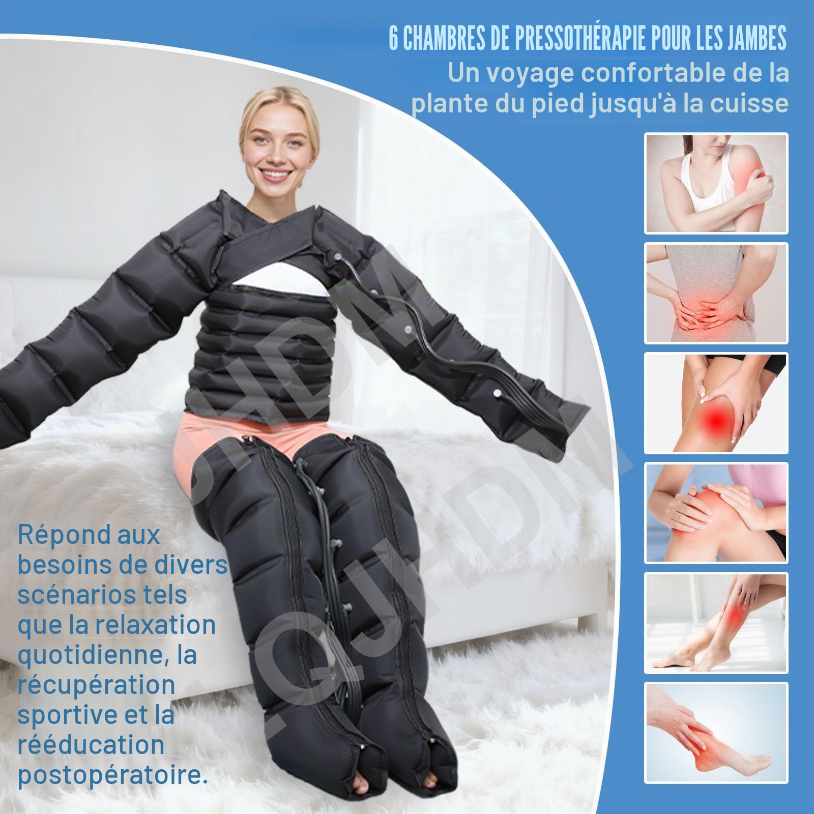 Presothérapie Jambes et Abdomen, Bottes de Pressothérapie pour Jambes, Machine de Massage à 6 Chambres pour Drainage Lymphatique et Circulation, 0-30 Min, 0-240 Mmhg Réglables (Noir, 2 jambes +