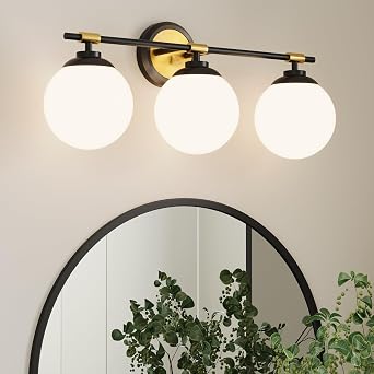 3-Light Black Gold Bathroom Vanity Light Fixtures with White Glass Shade