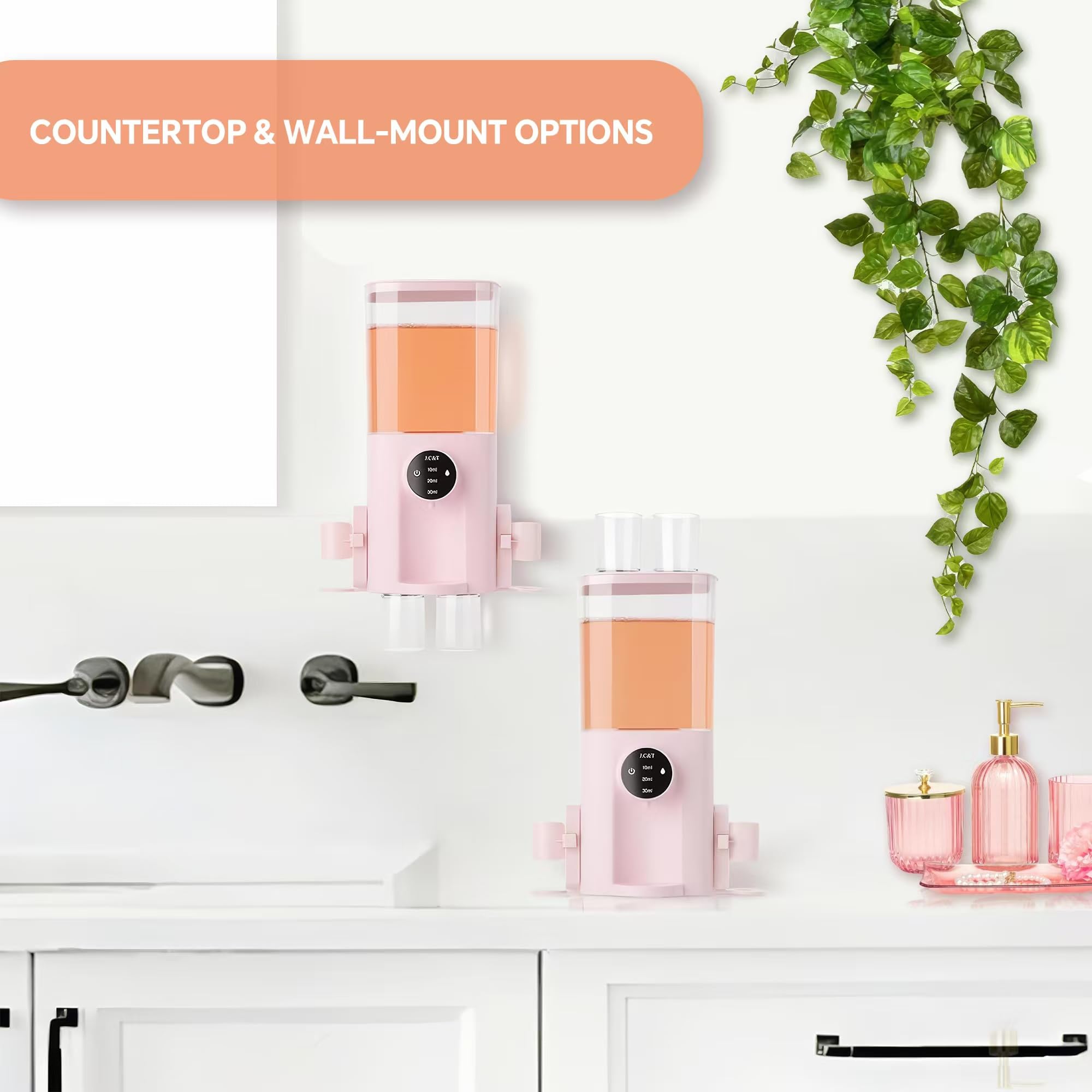 J.C&T Dispensador automático de enjuague bucal para baño, 22 dispensadores de flOz con vasos magnéticos, soportes para cepillos de dientes montados en la pared, niveles de dispensación ajustables,