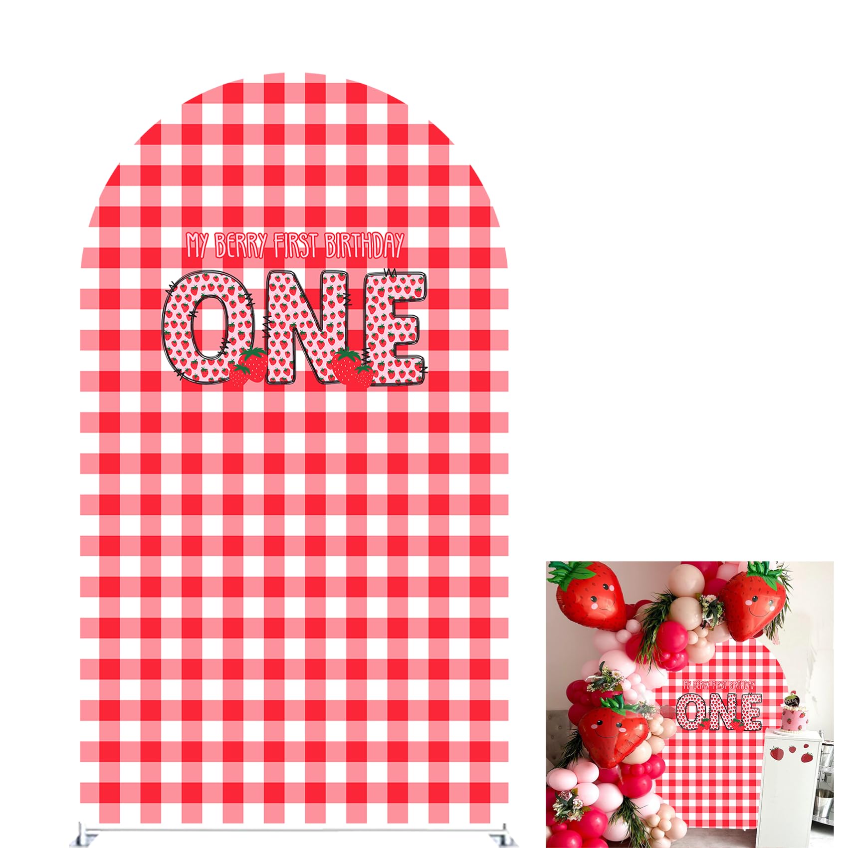 Strawberry Arch Covers Backdrop Photo Booth Background for Birthday Baby Shower Party Decoration Curved Top Frame Spandex Cloth (GX-2669,6x2.6ft)