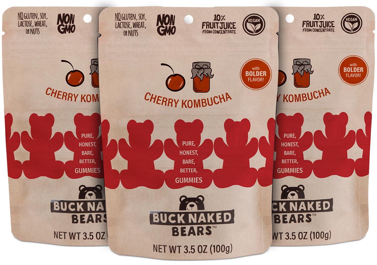 Buck Naked Bears - Cherry Kombucha Gummy Bears - 3.5oz - (3-Pack)