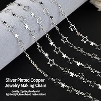 Vista 6 de YOUBEIYEE Cadena de 16.4 pies / 16.4 ft para hacer joyas, cadena de eslabones huecos de latón chapado en plata con forma de estrella hueca, collar
