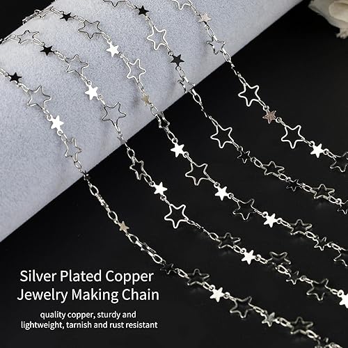 Miniatura 6 de YOUBEIYEE Cadena de 16.4 pies  16.4 ft para hacer joyas, cadena de eslabones huecos de latón chapado en plata con forma de estrella hueca, collar,