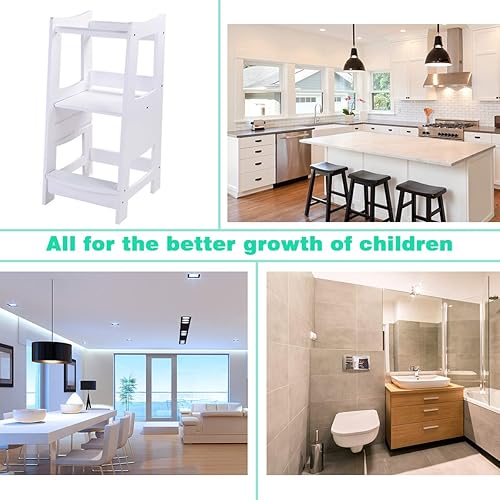 Miniatura 5 de Taburete de cocina para niños pequeños con barandilla de seguridad, torre de pie de madera para encimera de cocina y fregadero de baño, taburete