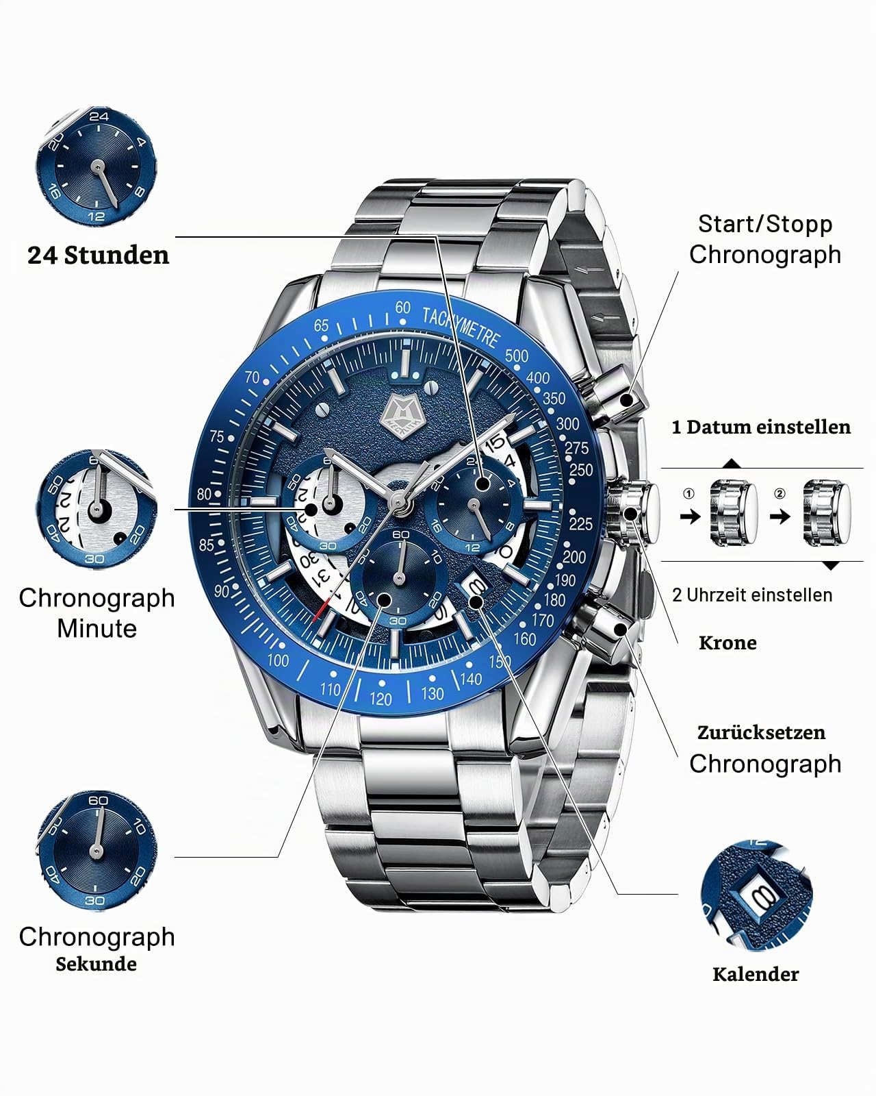 MEGALITH Armbanduhr Herren Edelstahl Herrenuhr Groß Uhren Herren Chronograph Analog Quarz Männer Uhr Kleid Wasserdicht 3ATM mit Kalender Business Casual