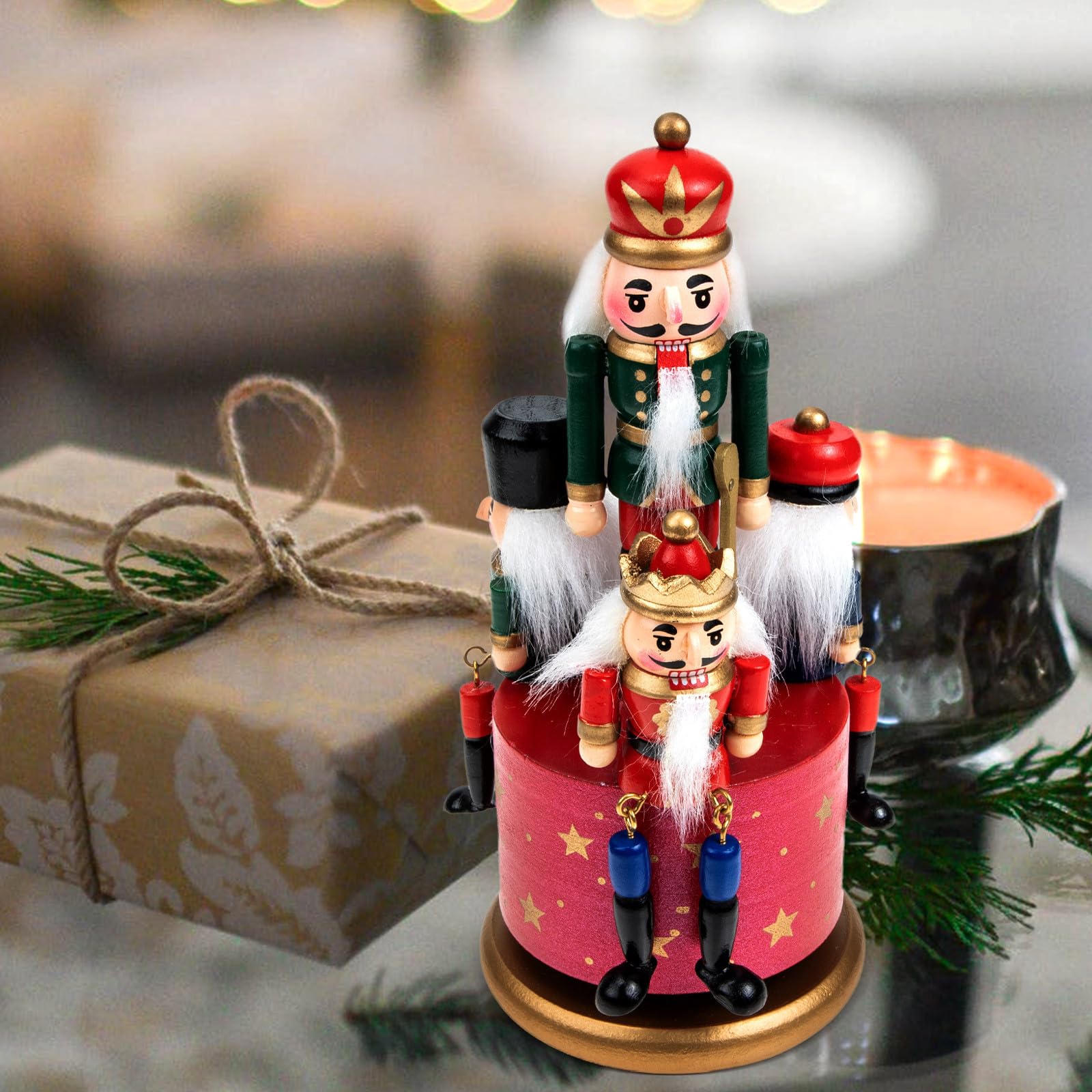 Caja de Música Giratoria de Madera Roja Diseño Navideño, Adorno Musical para Decoración de Mesas y Ambiente Festivo Hogar