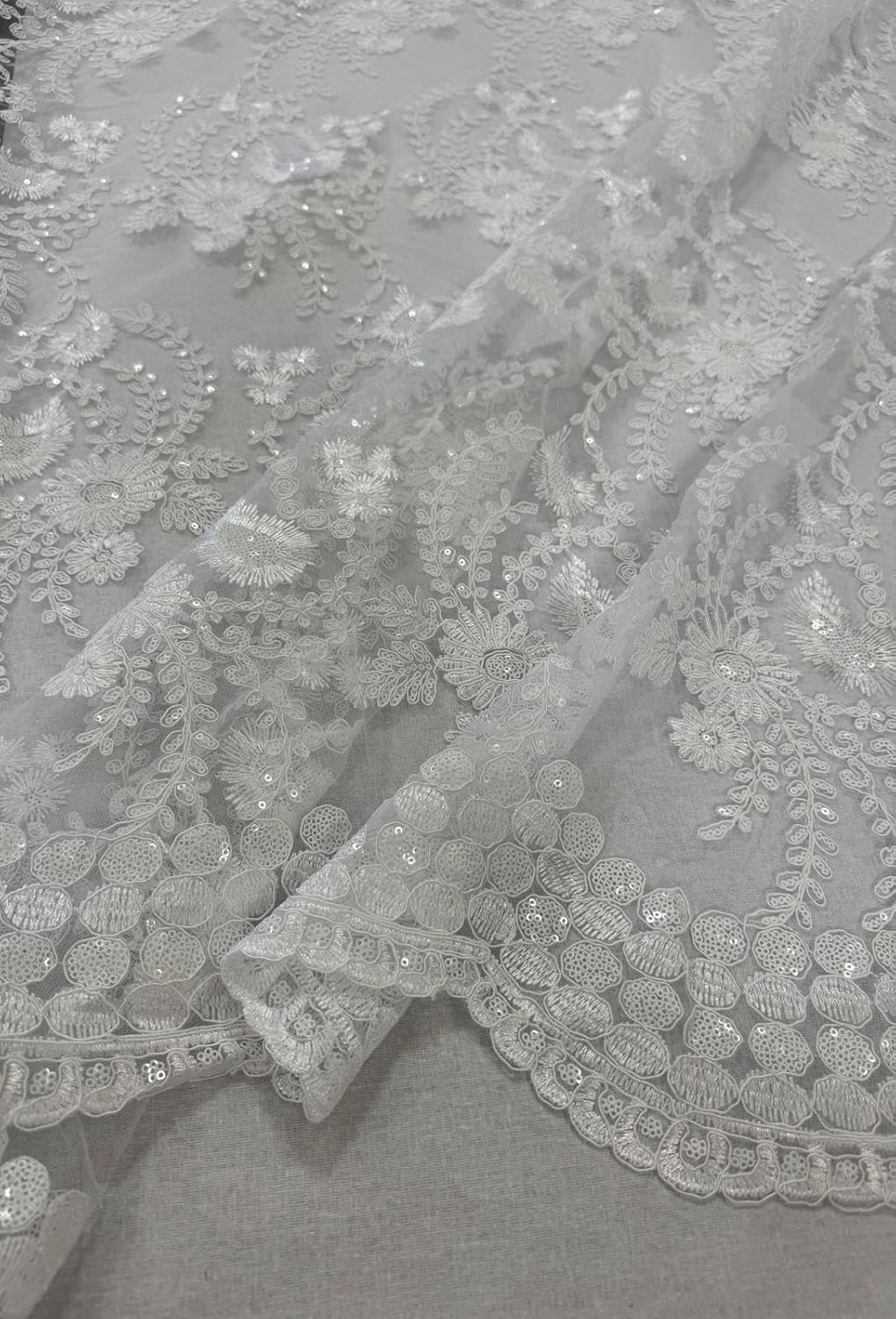 Sedona Designz 48"/50" Wide Corded Floral Lace Fabric with Sequins – Mesh Embroidered Prom & Bridal Fabric with Scalloped Edges, Elegant for Gowns, Décor & Crafts
