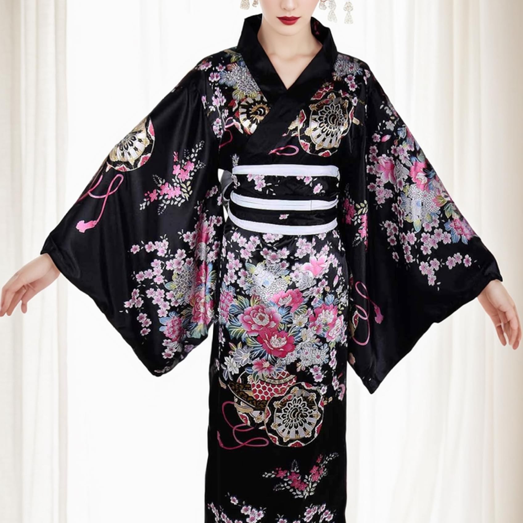 Kimono Japonais Yukata Pour Femmes Motif Floral Silky Confortable Adapté À La Peau Avec Une Ceinture Kyoto Banc De Fleur (Noir)
