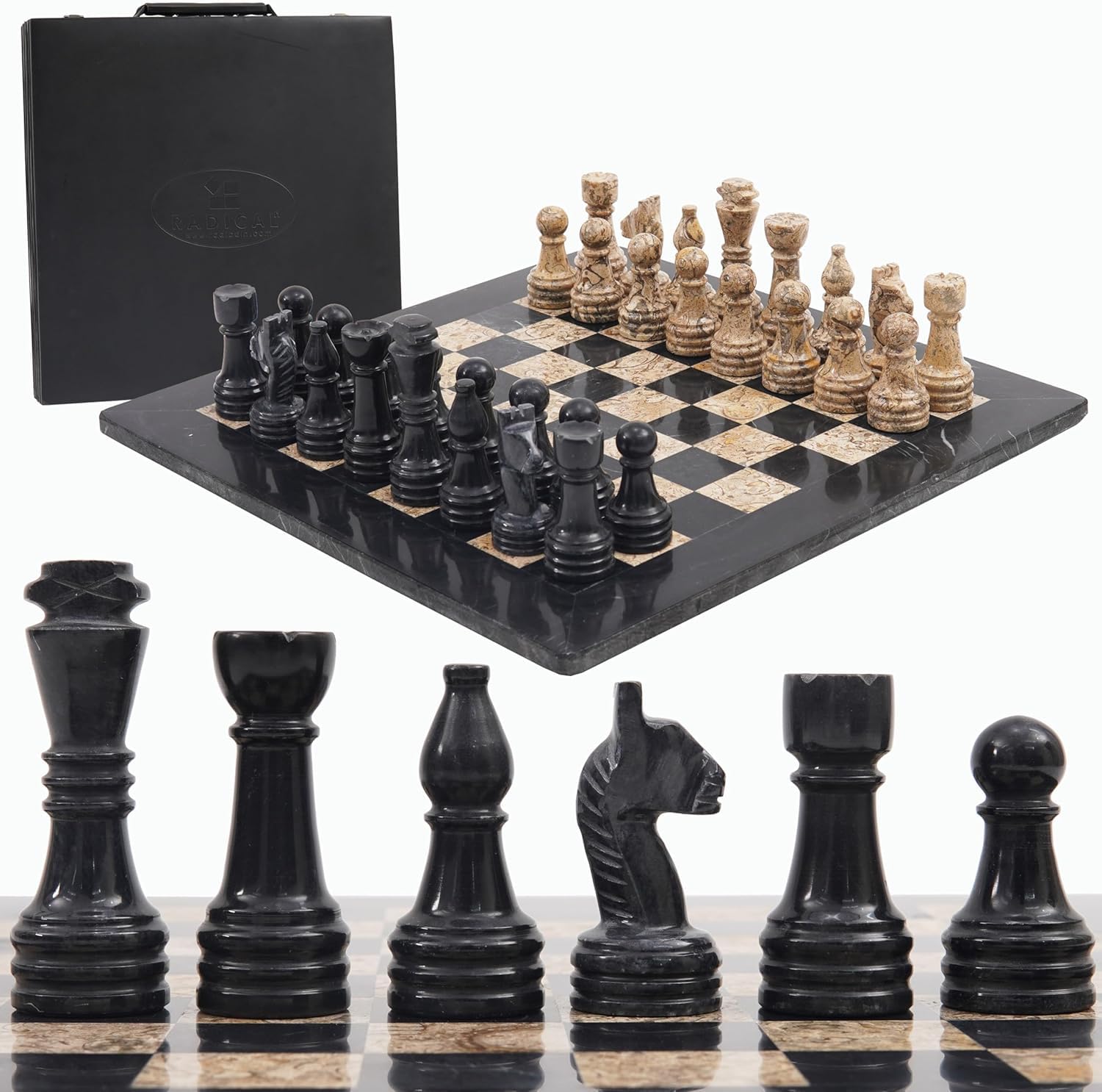 Radicaln Marble Chess Set with Storage Box 15" Black and Fossil Coral – Handmade 2-Player Chess Board Game with 32 Pieces