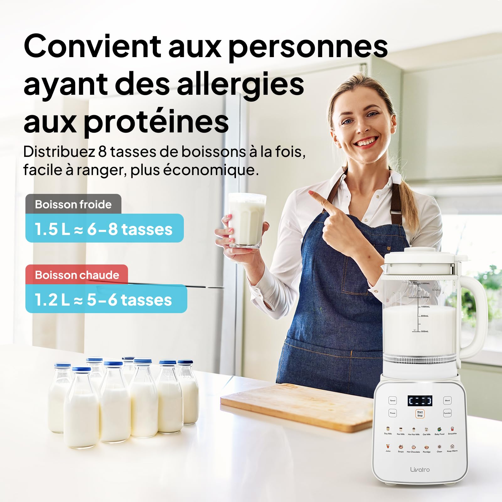 Machine à lait végétal 1,5 L 12‑en‑1,préparateur de lait de soja automatique,design détachable,lait d’amande/avoine & jus, départ différé 24 h, maintien au chaud,auto‑nettoyage,verrouillage sécurité