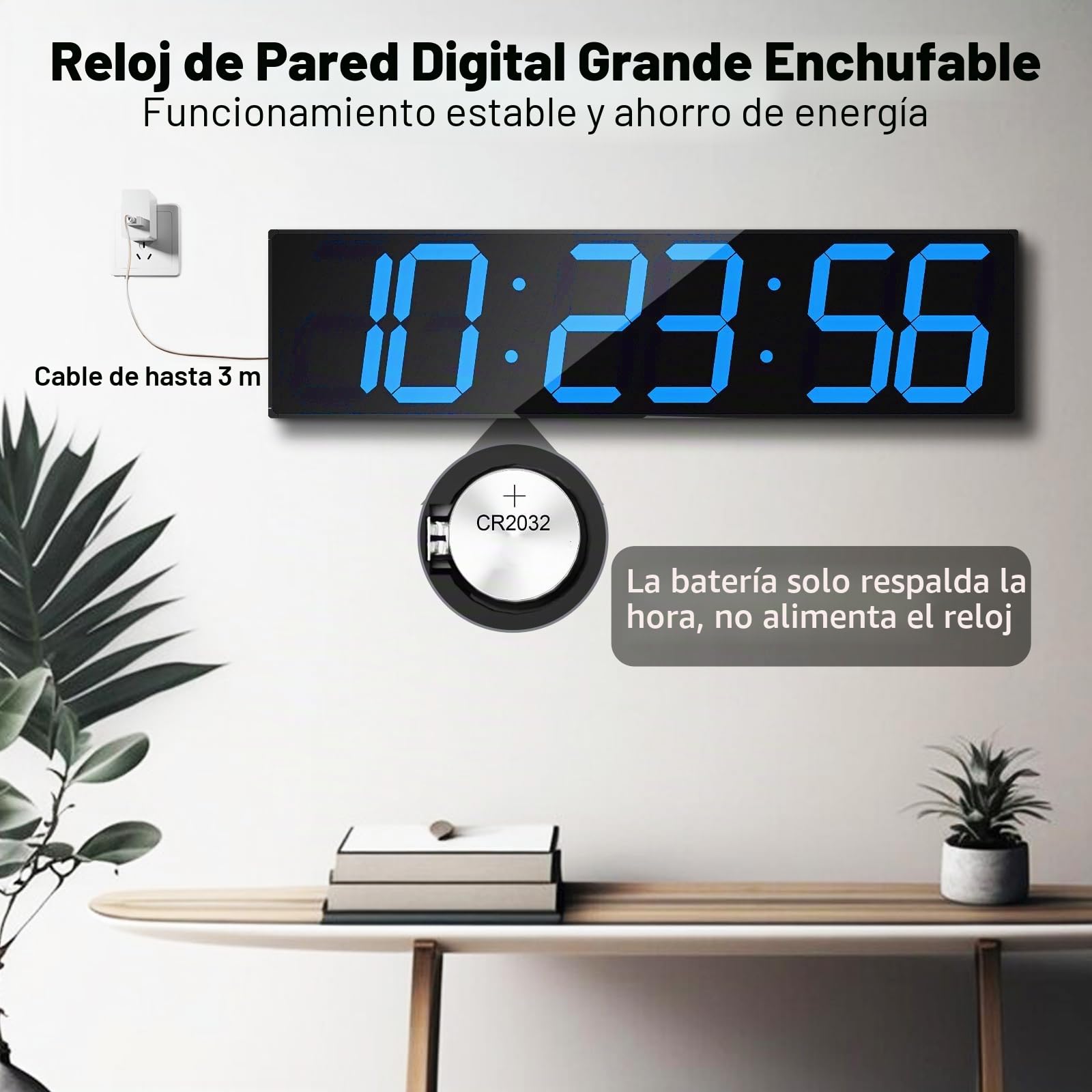 CHKOSDA Reloj Digital LED de Gran tamaño con atenuador automático, Gran Temporizador de Cuenta Regresiva con Control Remoto, 27.5 Pulgadas de Ancho, 6 dígitos, Fecha y Temperatura (Azul Hielo)