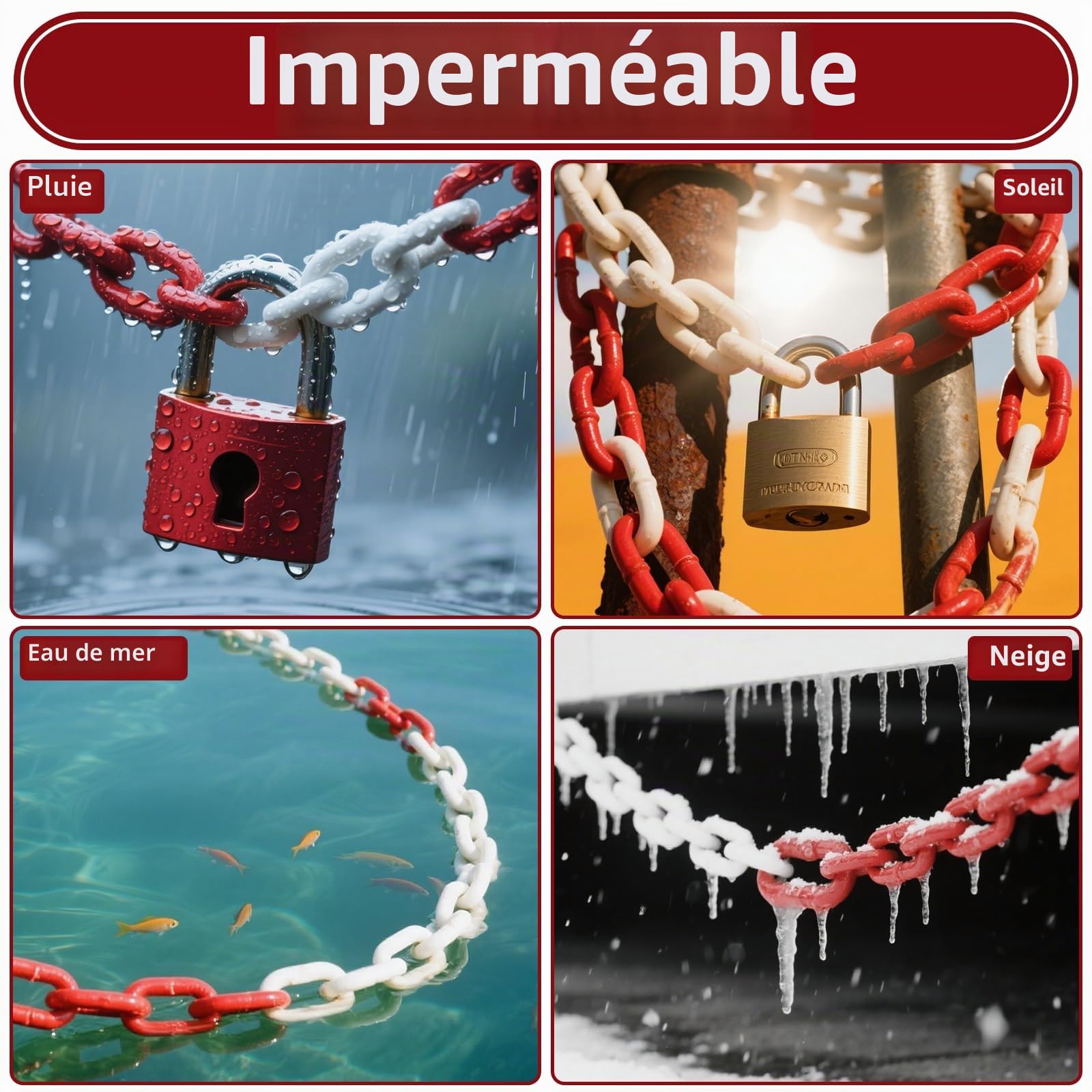 CYEER Chaîne de barrière en métal rouge et blanc 10 m – Chaîne en acier robuste de 5 mm d'épaisseur – Chaîne d'avertissement résistante aux intempéries pour parking, chantier et barrière