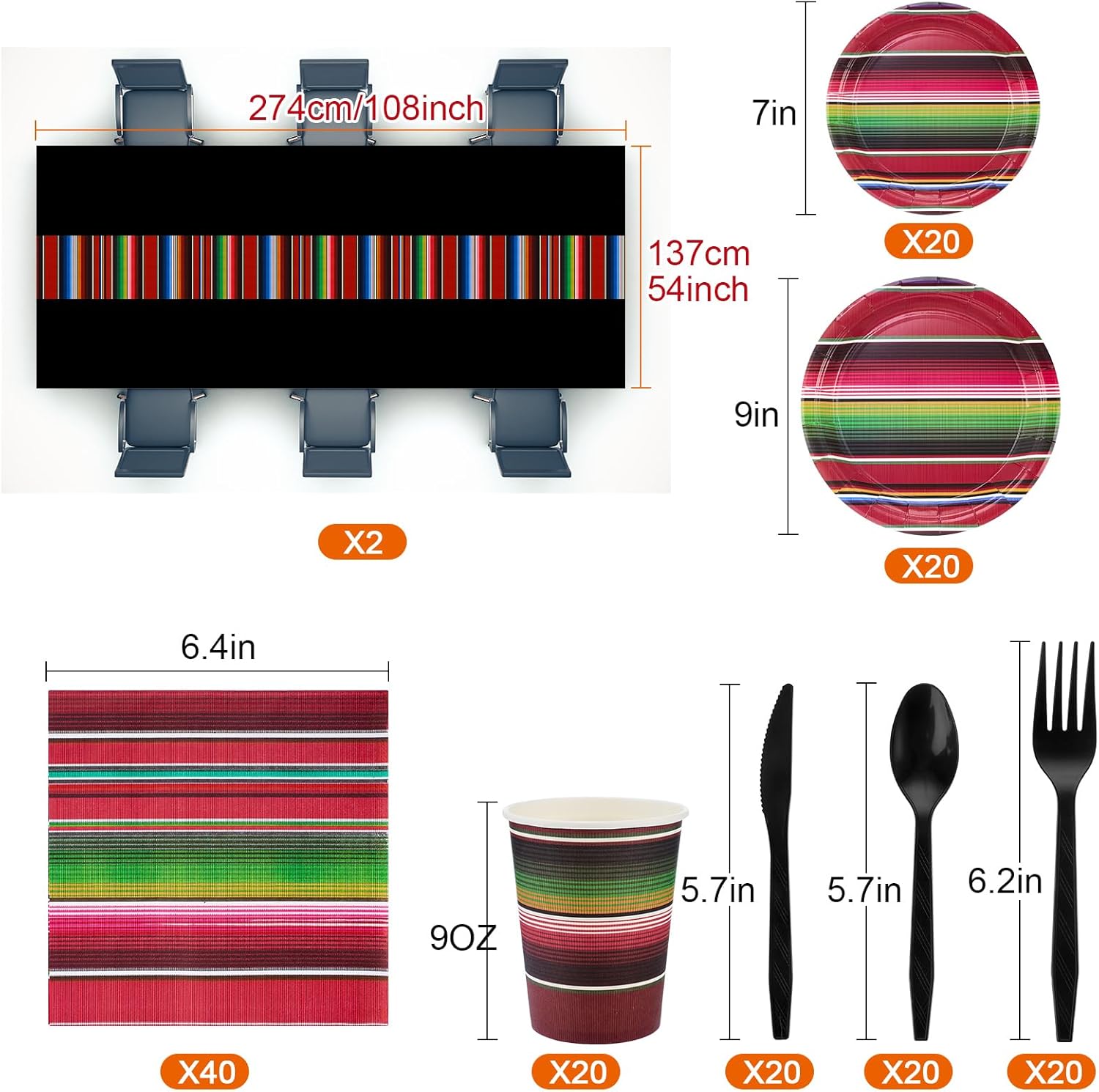 Oudain 162 Pcs Mexican Party Decorations 2 Mexican Serape Tablecloth Dia De Los Muertos Rectangular Mexio Party Plates Serape Napkins Fiesta Theme Dinnerware Set(Black Background)