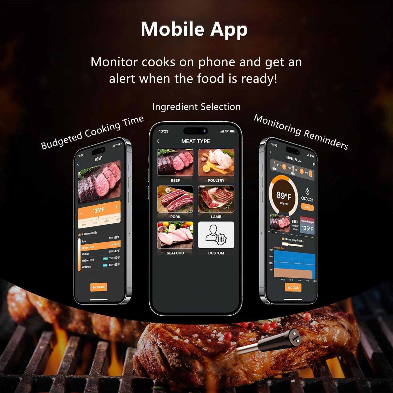 Termómetro carne inalámbrico Bluetooth digital lectura rápida precisión ±1℃