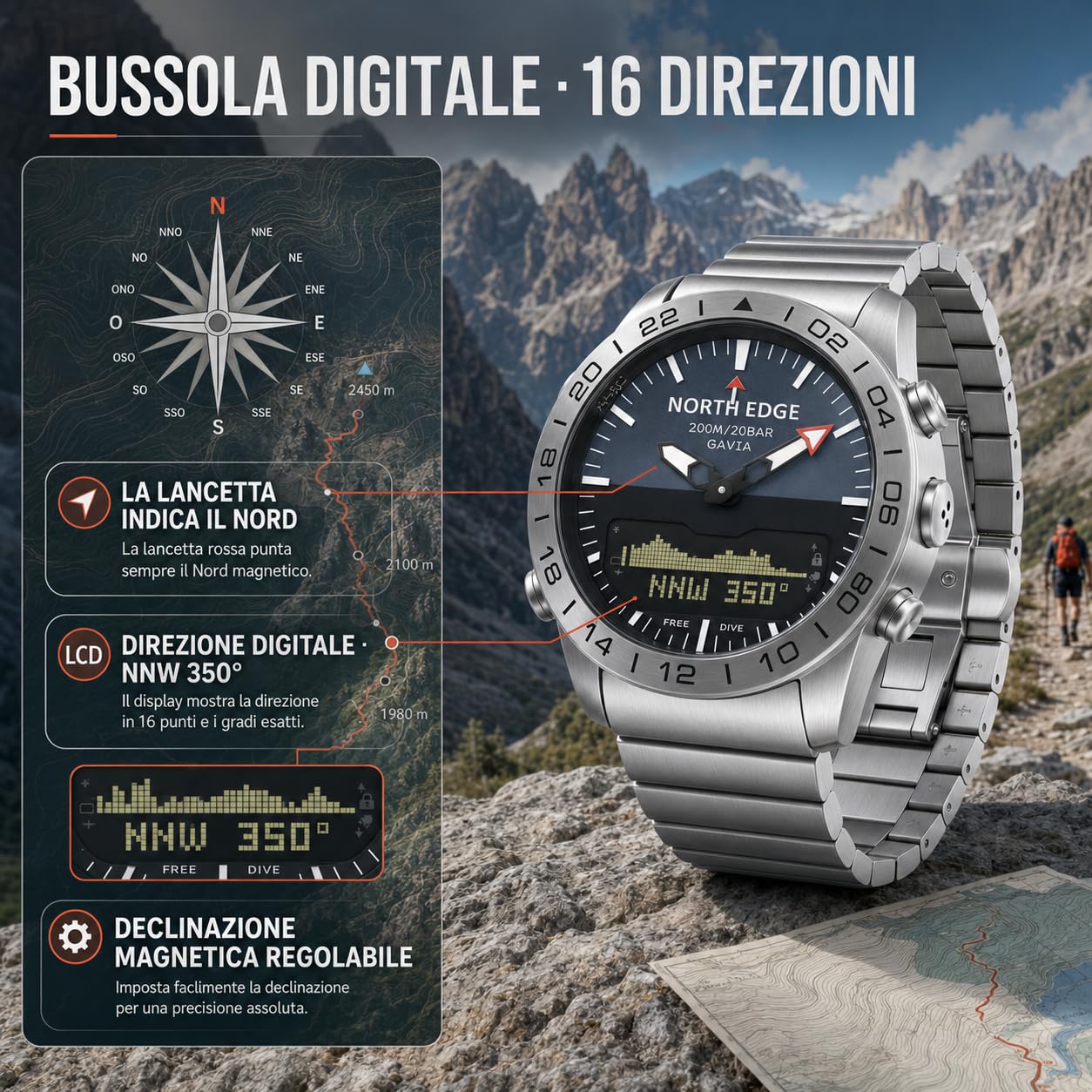 NORTH EDGE GAVIA Pilot Watch Orologi di lusso in acciaio inox analogico digitale per gli uomini Altimetro Bussola Outdoor Sport Business Watch impermeabile 200m | Analogico-digitale in acciaio con resistenza all'acqua 200 m, altimetro, barometro, termomet