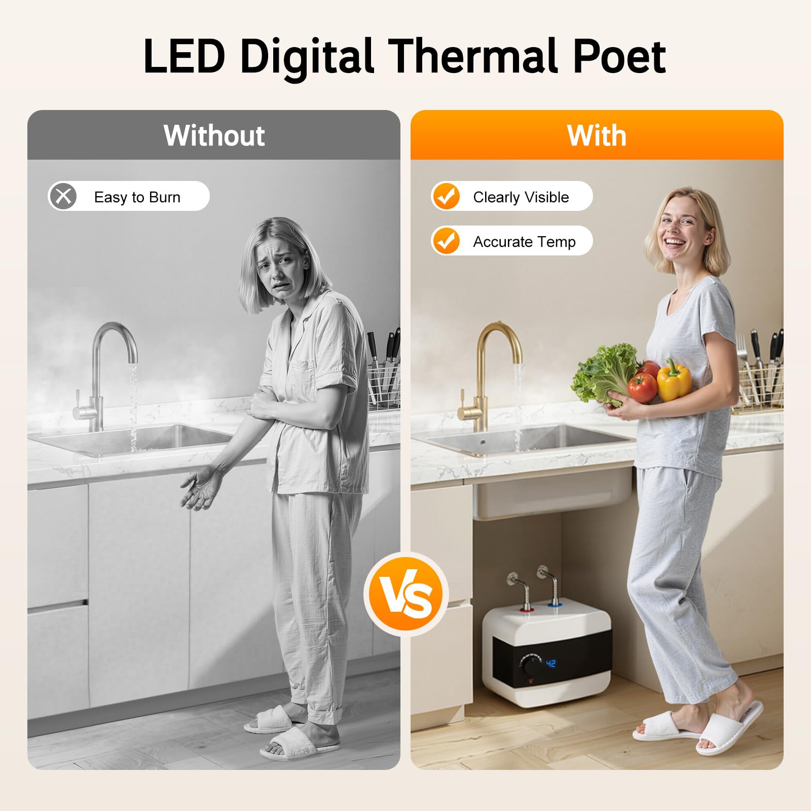 Scaldabagno elettronico istantaneo, 1500 W, mini scaldabagno da 6 l, con indicatore di temperatura a LED leggibile per cucina, bagno