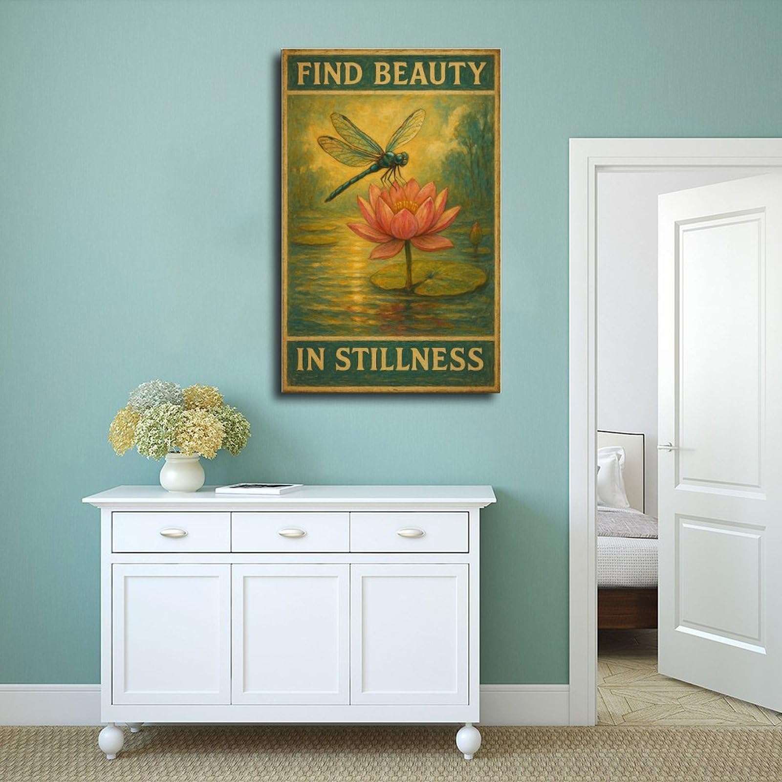 Poster su tela con libellula "Find Beauty in Stillness", per ufficio, idea regalo