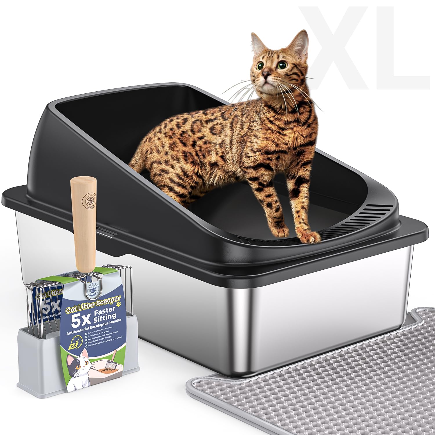 PEDIBAT Stainless Steel Cat Litter Box with Scoop, Metal Litter Box High Sided, Cat Litter Box Enclosure, XL Extra Large High-Sided Litter Boxs (Anti-Urine Leakage, Include Scoop) (Black)