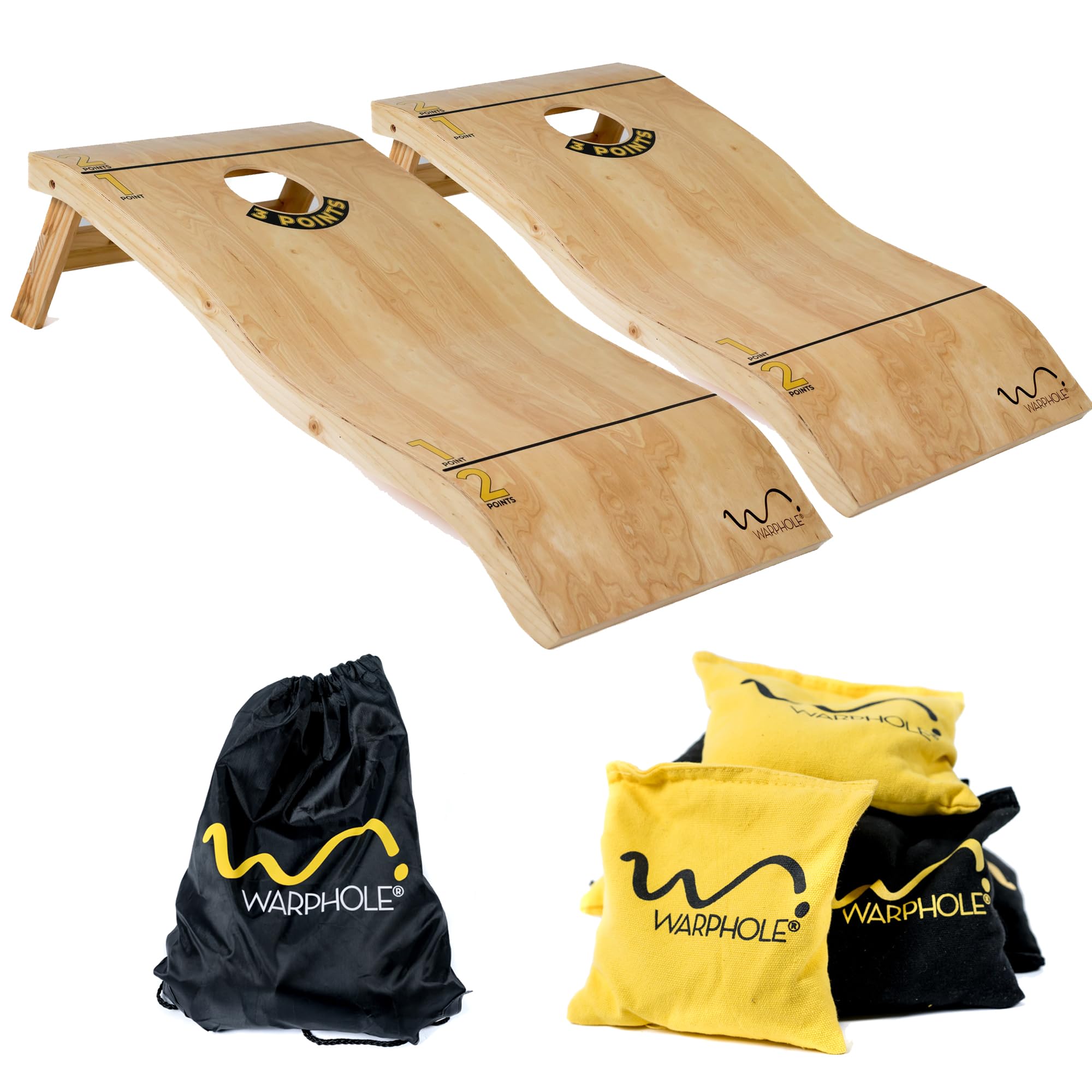 Curved Cornhole Set by Warphole®, Solid Wood, 4'x2' Corn Hole Toss Boards Set w/8 Waterproof Cornhole Bean Bags + Premium Tote