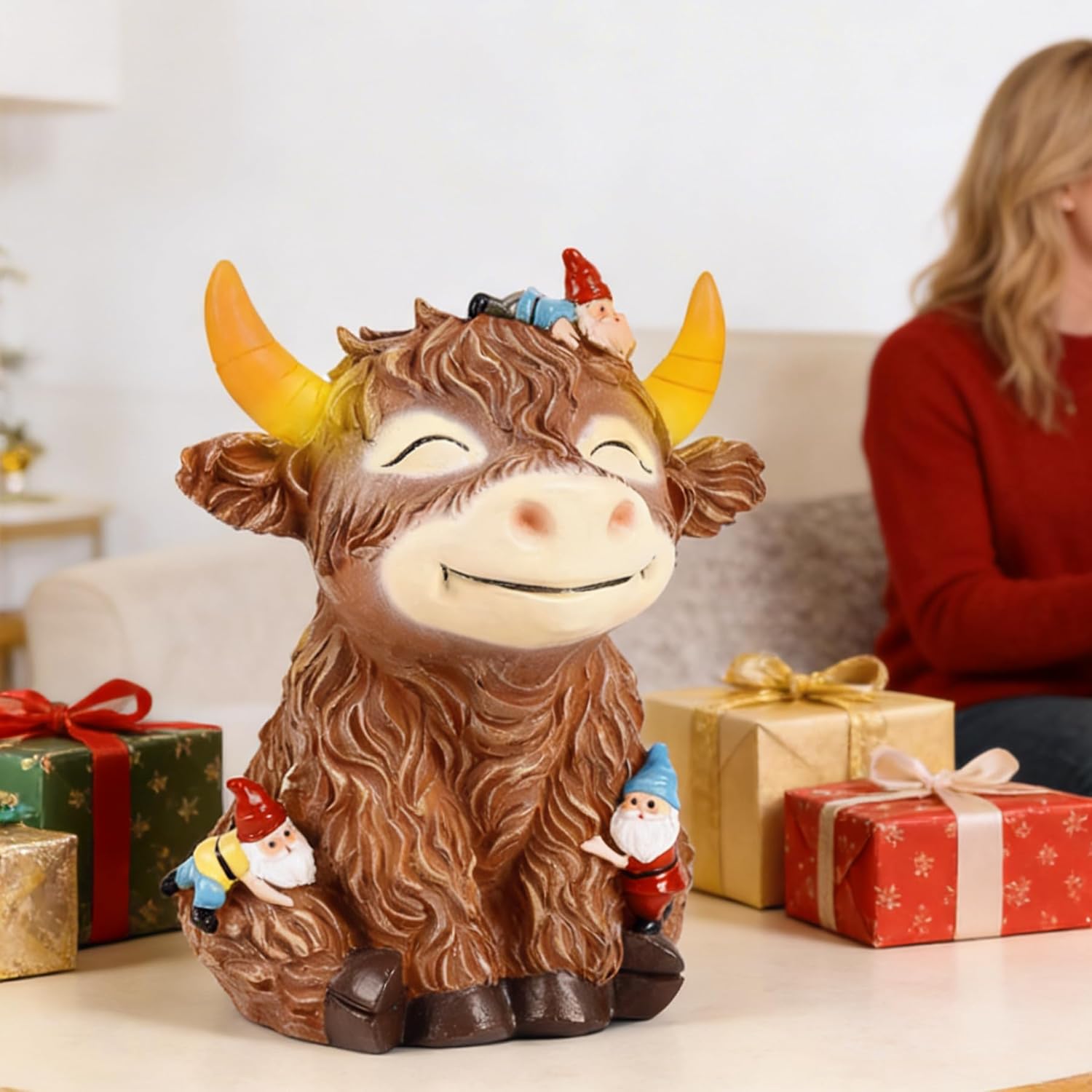 Solar Highland Cow Garden Statue with Funny Gnomes Outdoor Decor,Cow Figurine with LED Lights Yard Art Decoration for Garden,Patio,Lawn-Unique Gift for Mom,Grandma - Image 6