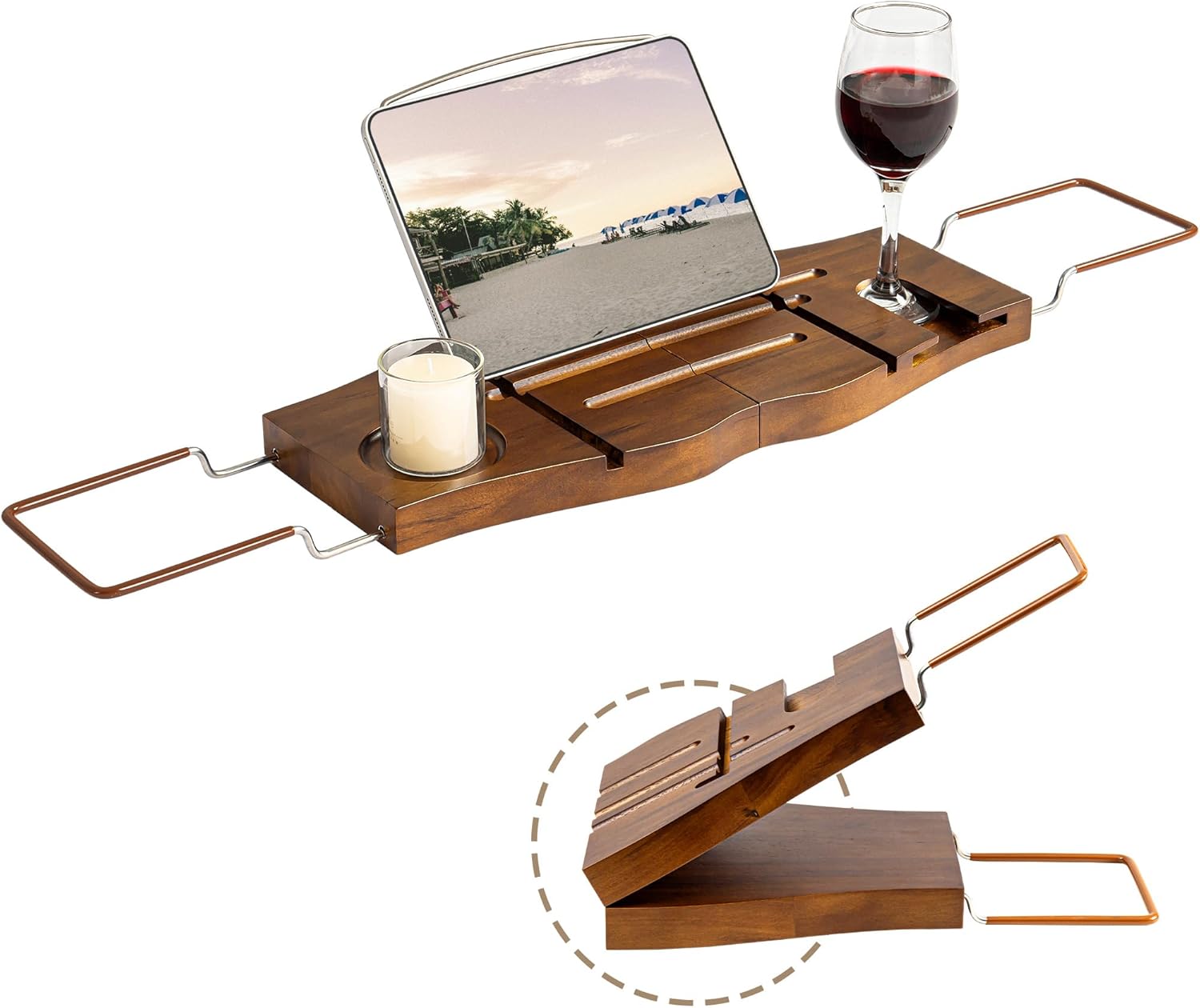 Teak Bathtub Tray Expandable Bathroom Tray for Home Spa Relaxation, Wooden Tray Caddy for Bathtub, Teak Bathtub Caddy as Unique Housewarming, Birthday, Wedding Shower Gifts. Dark Walnut