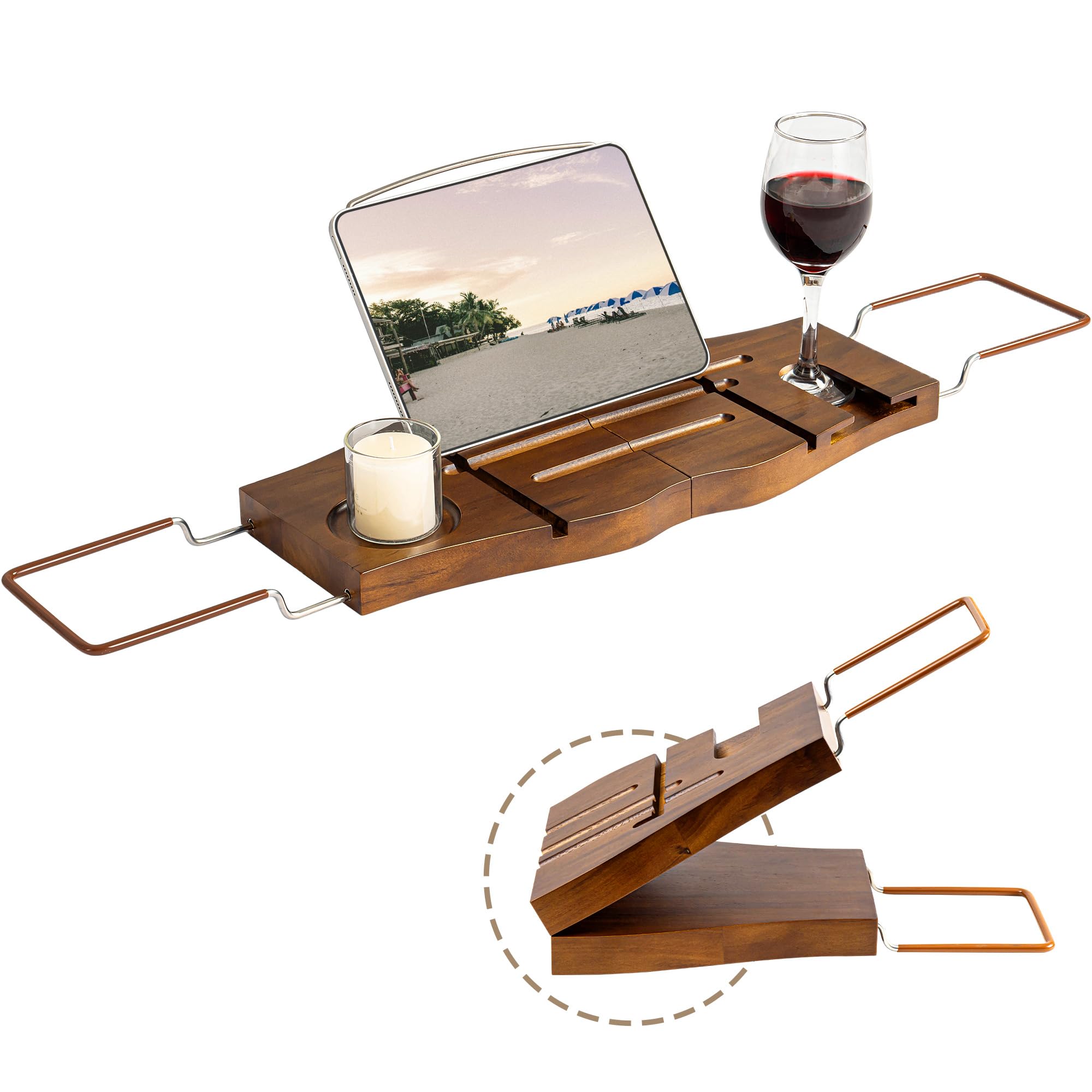 Teak Bathtub Tray Expandable Bathroom Tray for Home Spa Relaxation Wooden Tray Caddy for Bathtub Teak Bathtub Caddy