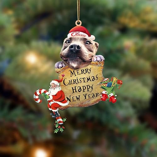 Miniatura 2 de Nazenti Pitbull personalizado con Papá Noel  Adorno de perro personalizado para amantes de mascotas, llavero colgante acrílico plano impreso en 2D,