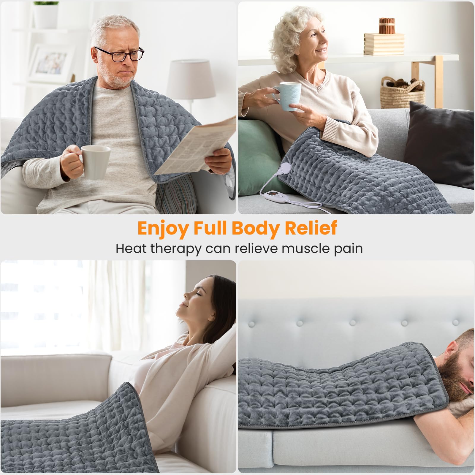 MYCARBON 92x50cm Coussin Chauffant Électrique Extra Large, Arrêt Automatique, 6 Niveaux de Température, Protection Contre la Surchauffe, Pad Chauffant pour Dos, Épaule, Nuque - Gris Foncé