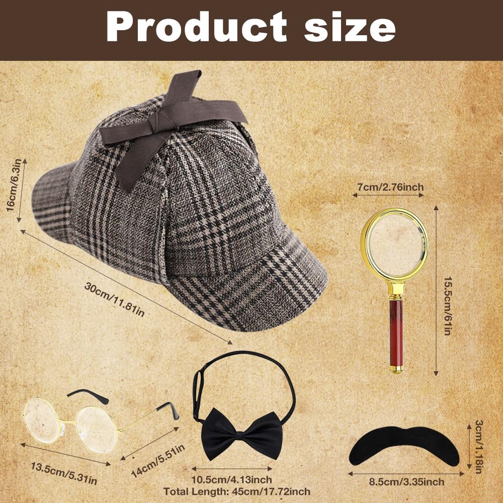 Zestaw akcesoriów do kostiumu detektywa, 5 sztuk, kostium Sherlocka Holmesa, rekwizyty do cosplay detektywa, z kapeluszem detektywistycznym, metalowymi okularami, lupą, muszką męską, brodą, dla