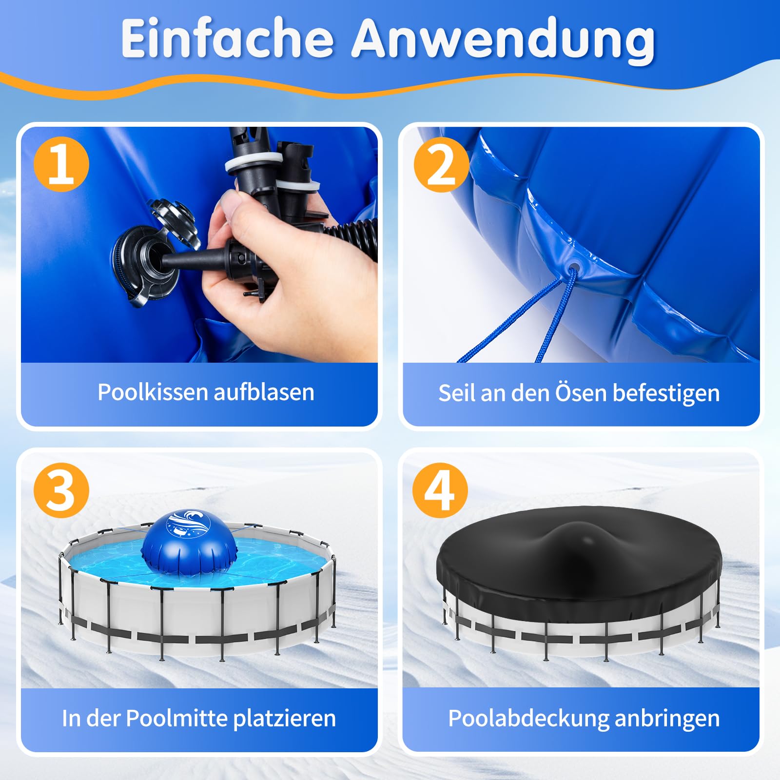 Poolkissen Winter rund Ø 3,6 m für Aufstellpools, Pool-Luftkissen | Winterkissen für die Poolabdeckung aus 0,6 mm PVC mit Doppelnaht, kältebeständig, aufblasbar, mit Seil zum Eisdruckausgleich