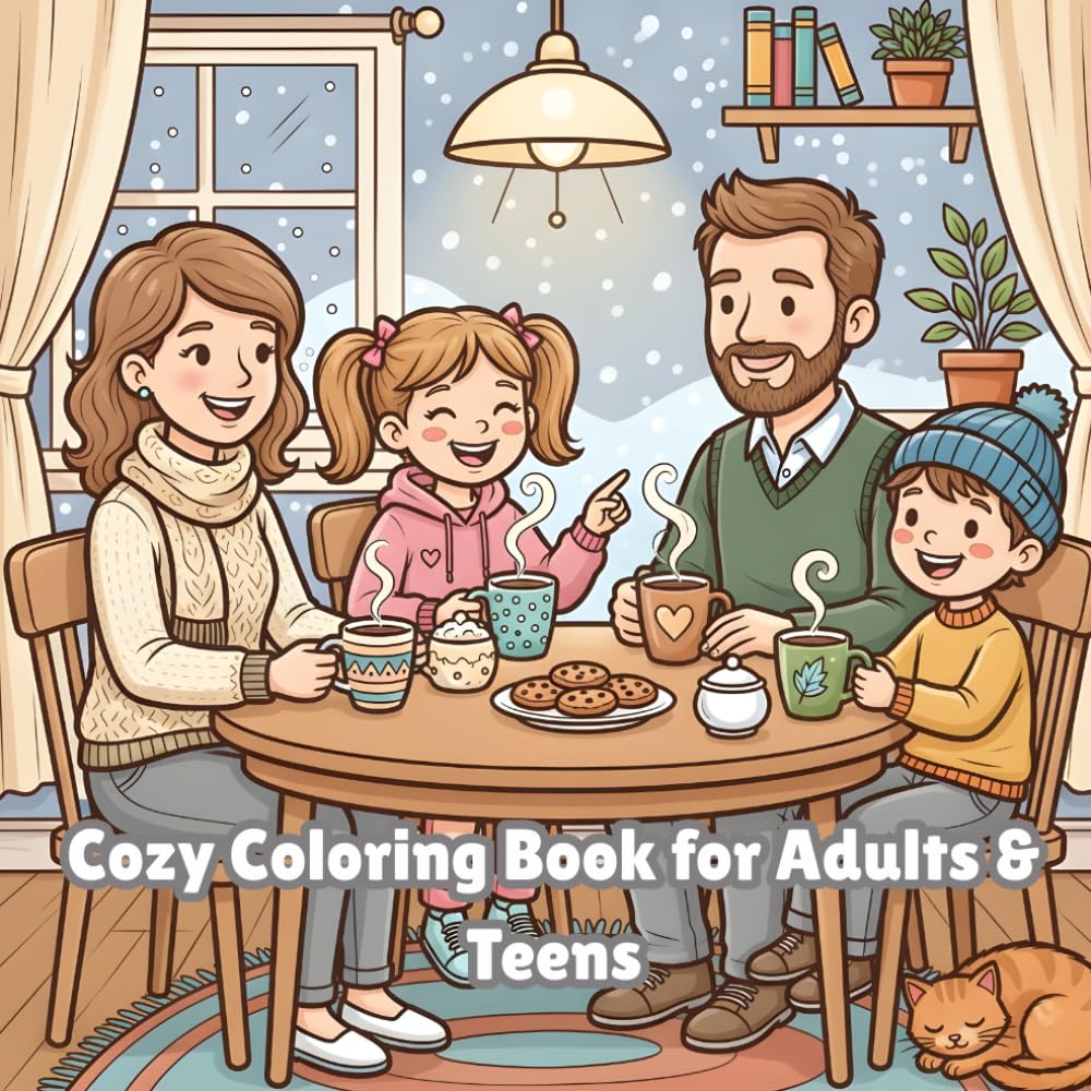 50 Cozy Coloring Book for Adults, Teens and Kid's: Cute and Relaxing Scenes Featuring Cozy Animals, Cafés, Bookstores, Gardens, and Stress Relief Coloring Pages