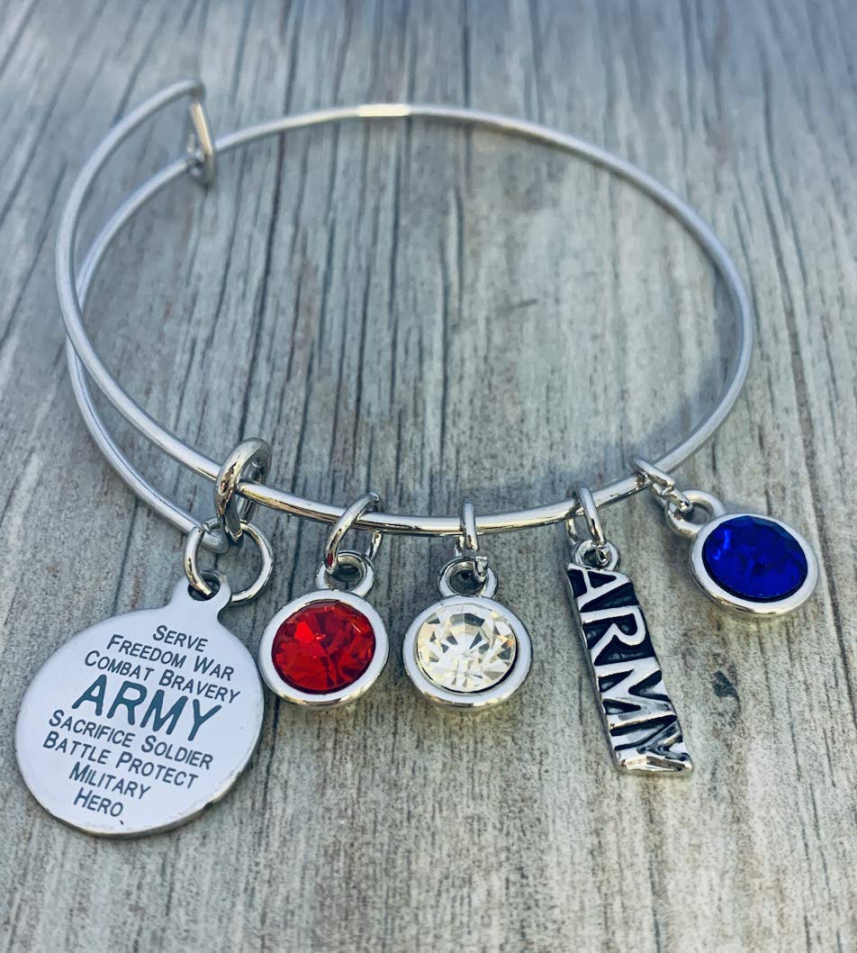 Silver Stainless Steel Army Charm Bangle Bracelet – Red White Blue Rhinestone Bracelet for Mom Daughter Sister Niece Cousin – Military Appreciation Gift Jewelry for Women