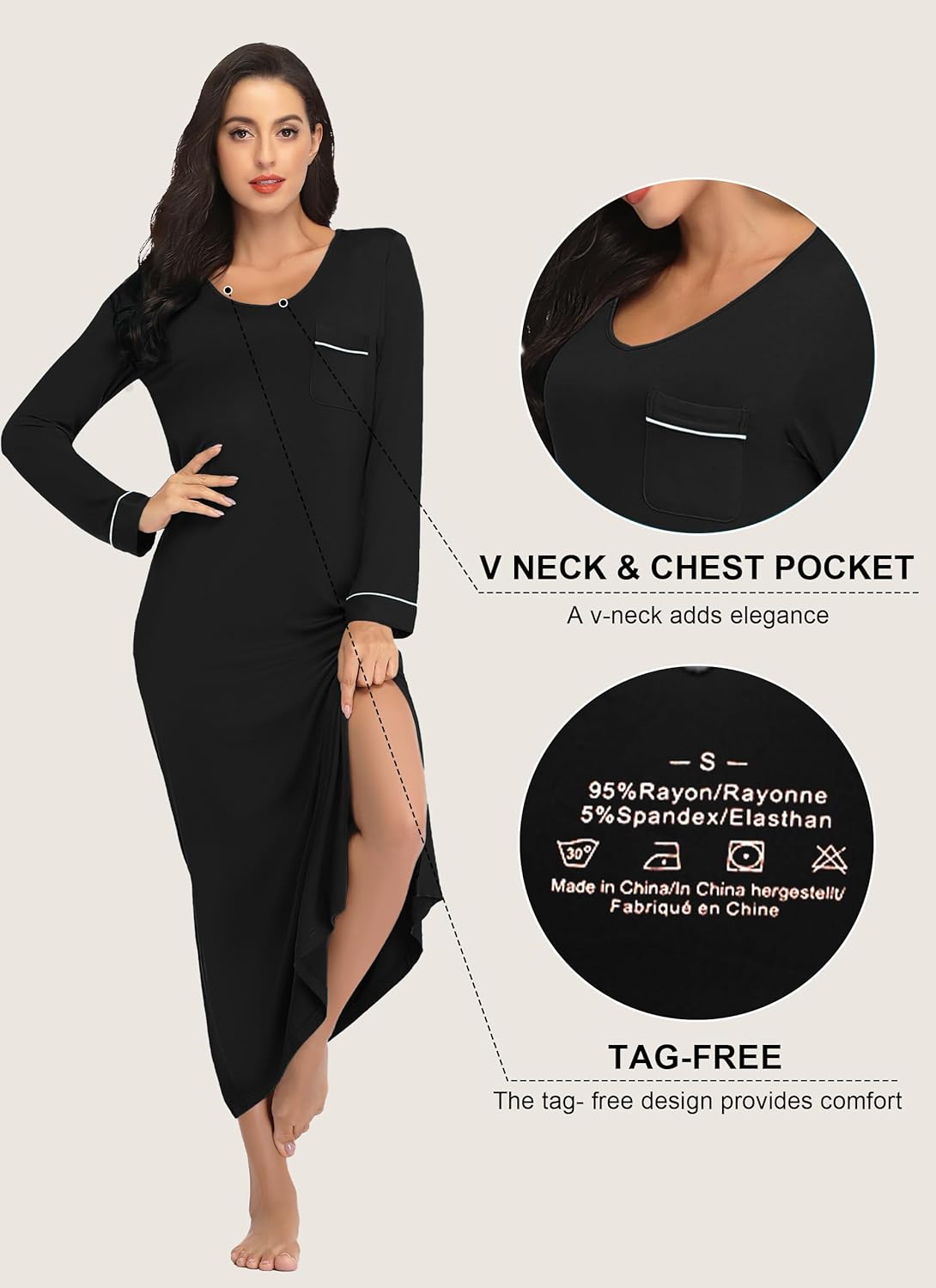 EA'S SECRET Nightgowns for Women Long Sleeve V Neck Nightshirts Soft Knit Sleepwear Full Length Loungewear with Pocket - Image 3