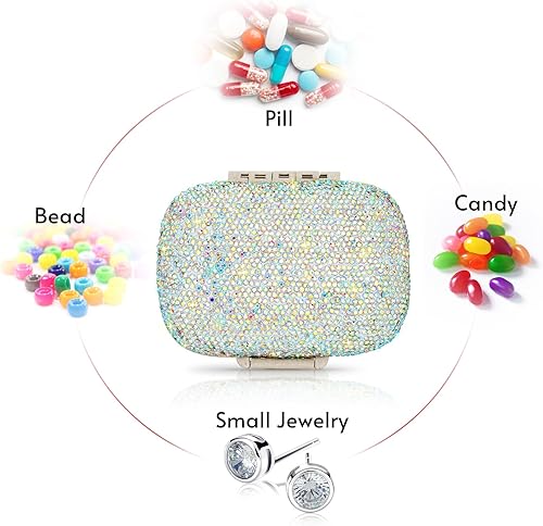 Miniatura 6 de Soleebee Organizador de píldoras diario portátil de 8 compartimentos, caja de píldoras de diamantes de cristal brillante, pequeño estuche