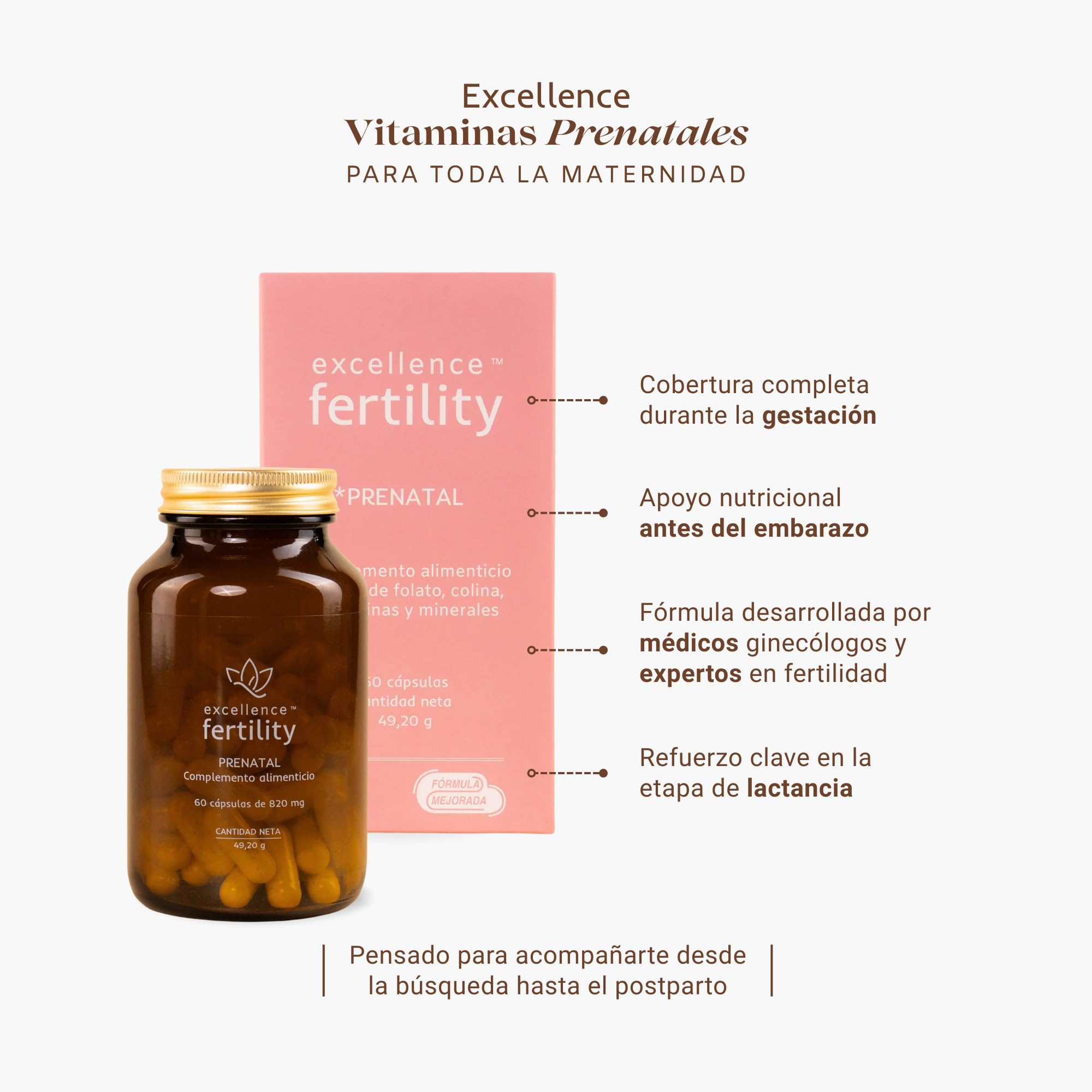 Excellence Vitaminas Prenatales – Suplemento Mujer para Embarazo, Lactancia y Preconcepción – 19 Nutrientes Esenciales con Folato Activo y Colina – 60 Cápsulas