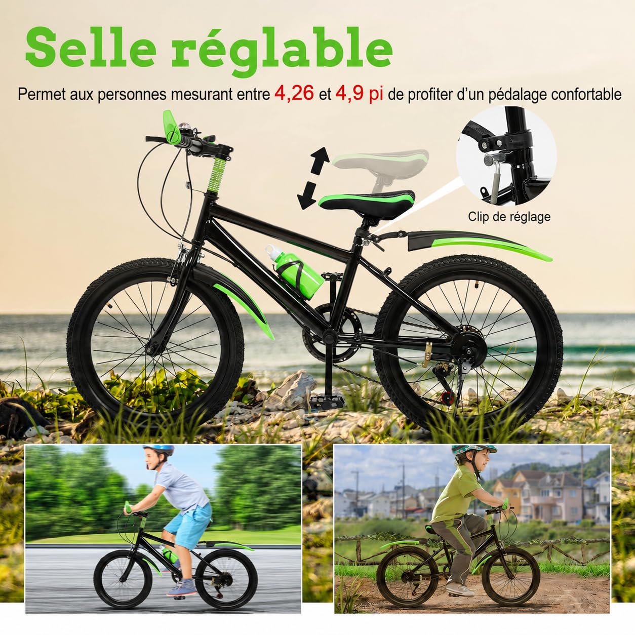 VTT pour enfants garçons et filles, vélo de 20 pouces pour adolescents de 8 à 13 ans, 7 vitesses avec freins à disque avant et frein de stationnement arrière et cadre en acier au carbone, vert