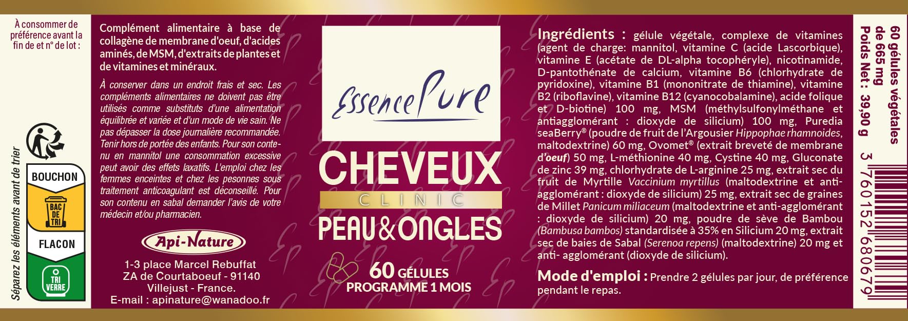 Vitamines Cheveux, Peau et Ongles Essence Pure, 60 Gélules | Vitamines, Minéraux et Actifs Sélectionnés, Formule Beauté Complète, Fortification, Croissance, Cheveux, Peau et Ongles