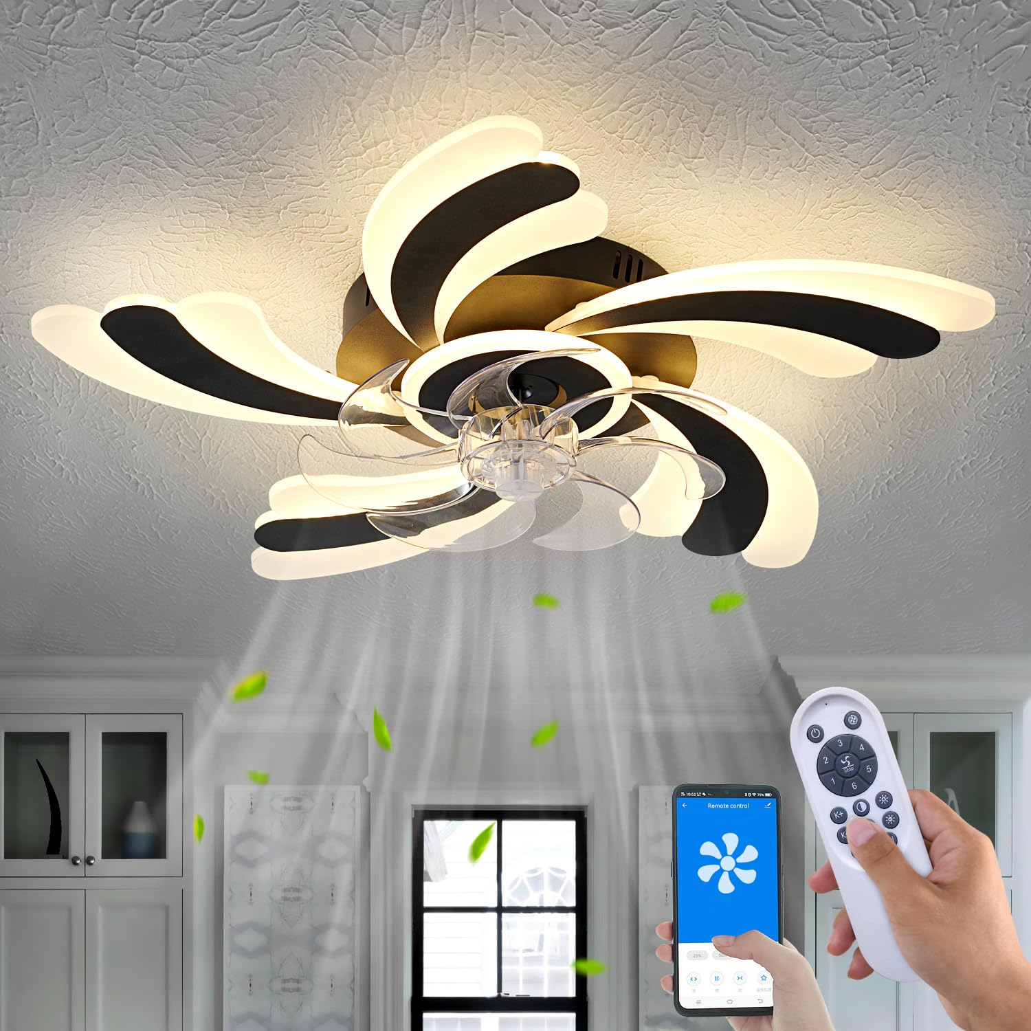 Yfrest Modern Ceiling Fan with Light and Remote, Low Profile Ceiling Fans with Lights, 26 Inch Flush Mount Ceiling Fan with 3 Light Color 6 Speeds, Fandelier Ceiling Fan for Kitchen Bedroom