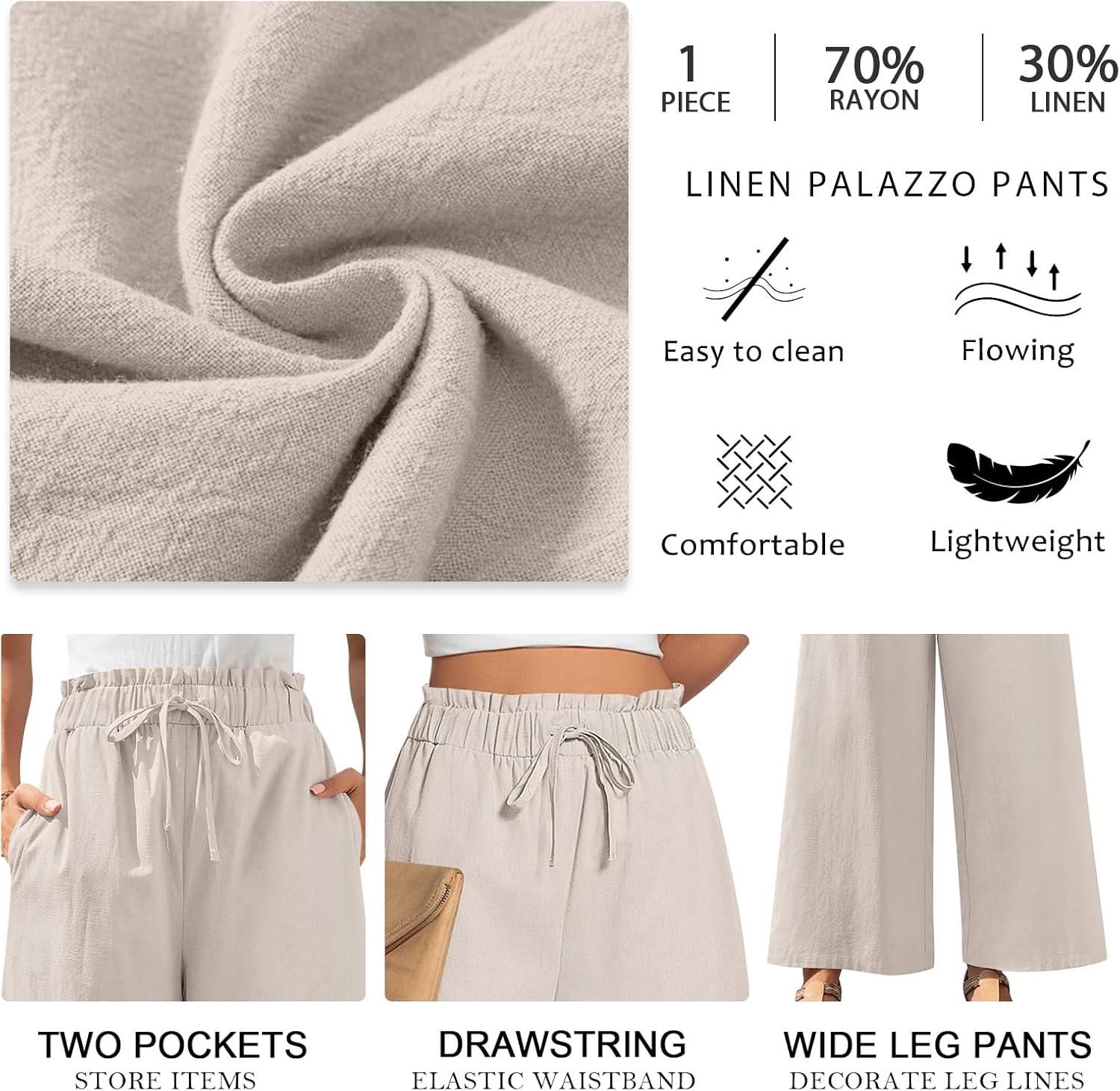 Anyally Women's Linen Summer Palazzo Pants Casual Flowy Wide Leg Drawstring High Waist Beach Trousers with Pockets - Image 7